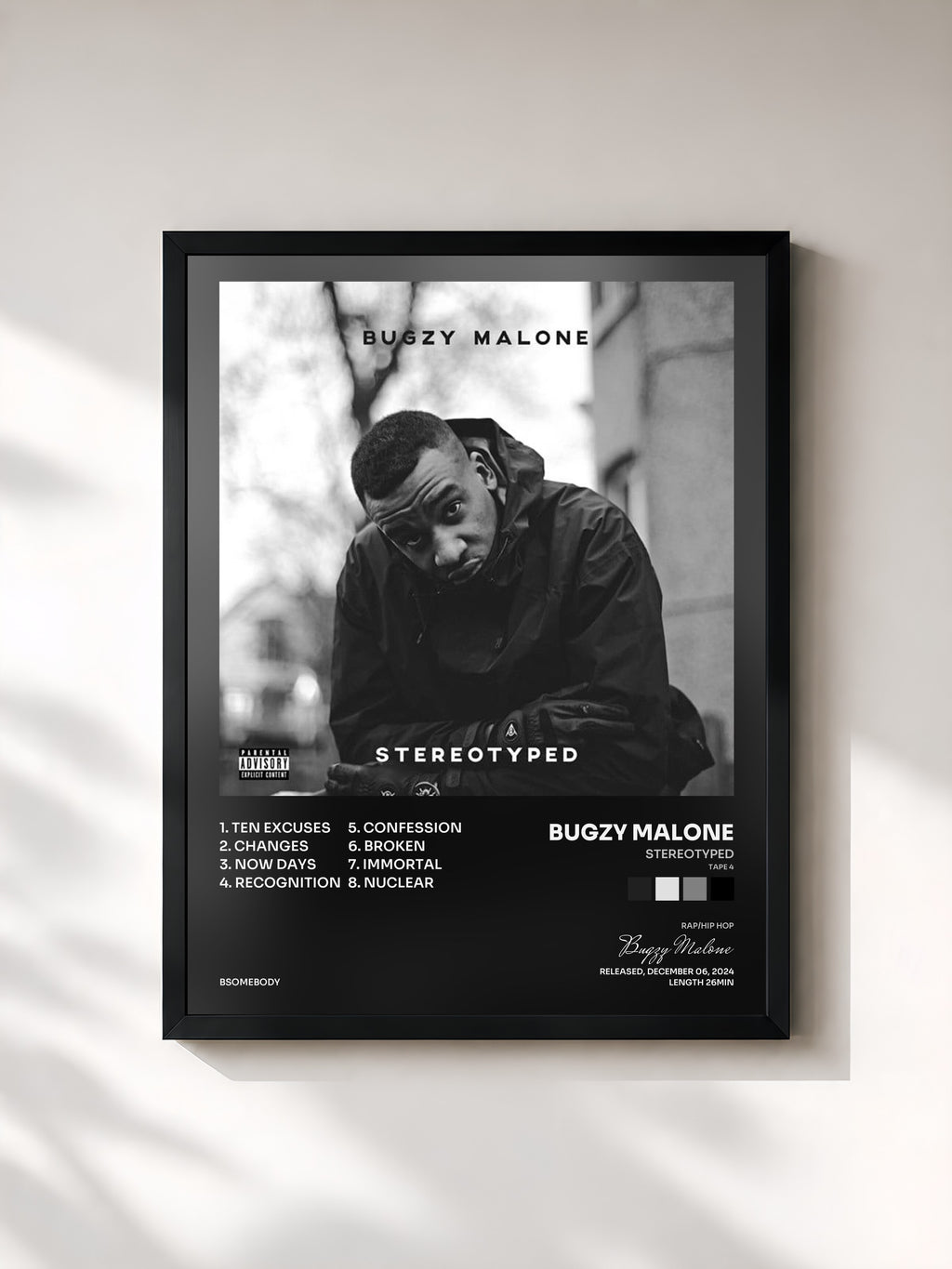 #noir Tableau de l'album Stereotyped (Tape 4) de Bugzy Malone, cadre noir, imprimé et encadré en France