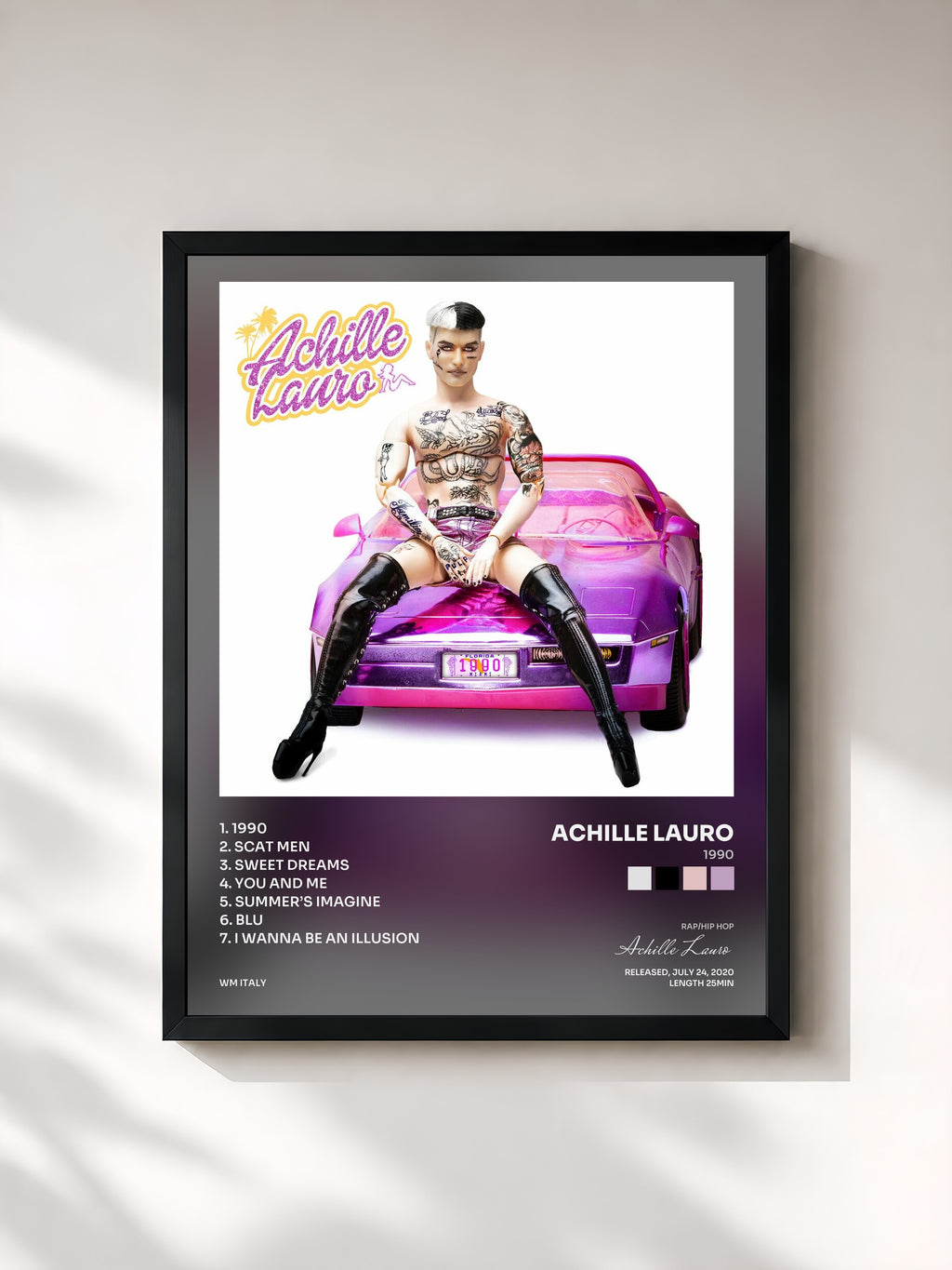 #noir Tableau de l'album 1990 de Achille Lauro, cadre noir, imprimé et encadré en France