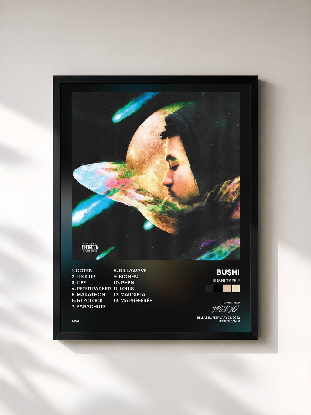 #noir Tableau de l'album Bushi Tape 2 de BU$HI, cadre noir, imprimé et encadré en France