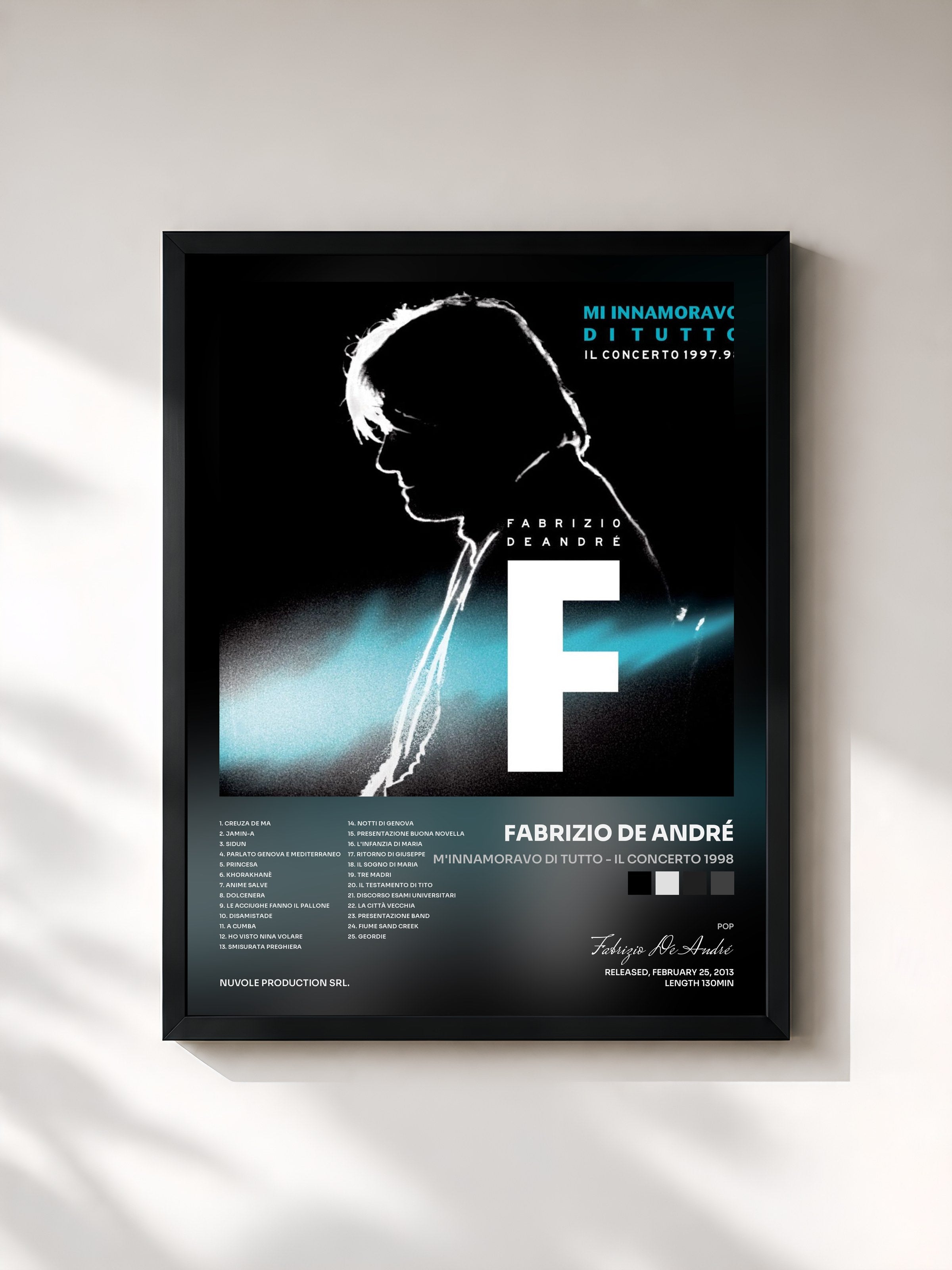 #noir Tableau de l'album M'innamoravo di tutto - Il concerto 1998 de Fabrizio De André, cadre noir, imprimé et encadré en France