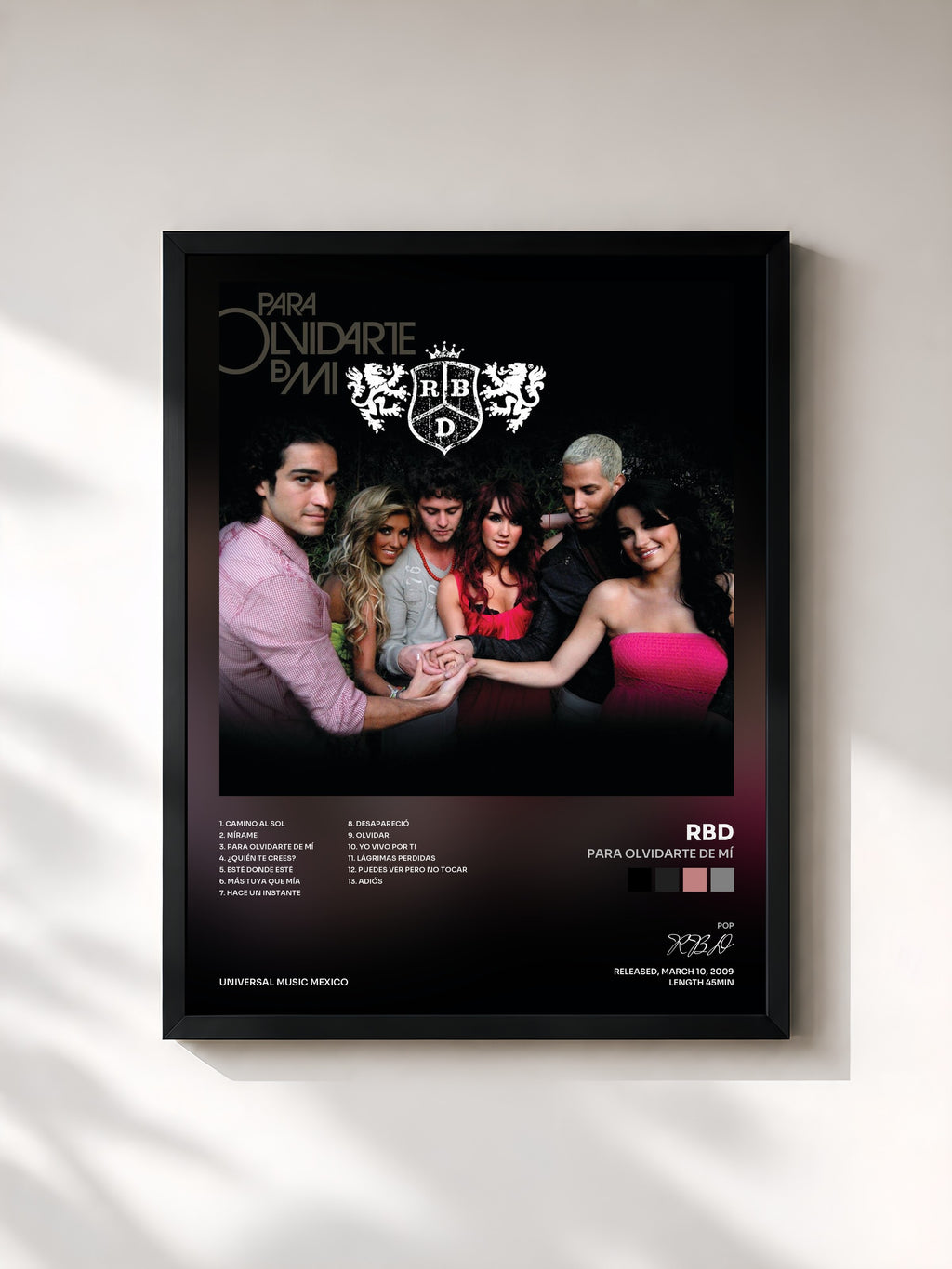 #noir Tableau de l'album Para Olvidarte De Mí de RBD, cadre noir, imprimé et encadré en France