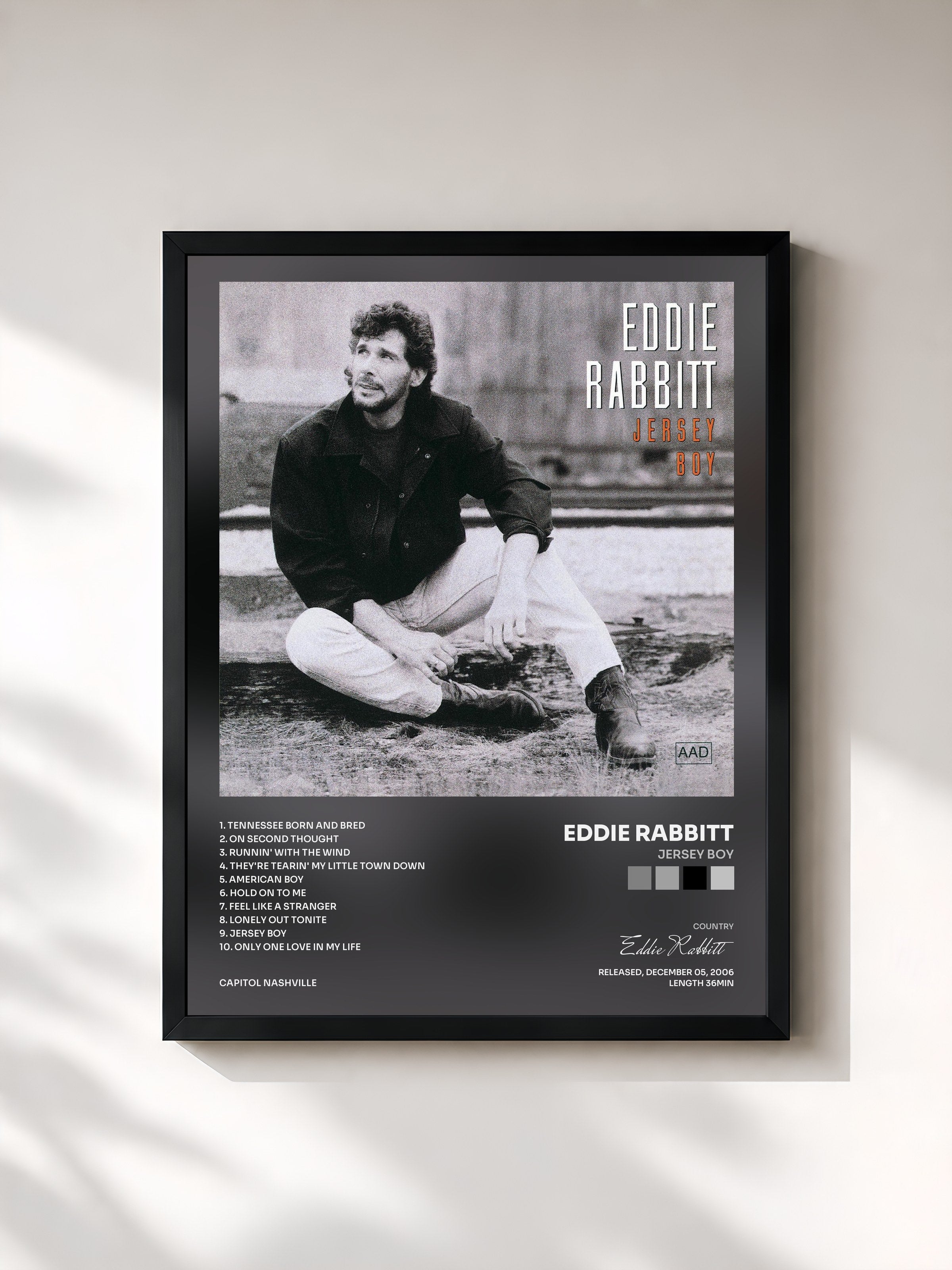 #noir Tableau de l'album Jersey Boy de Eddie Rabbitt, cadre noir, imprimé et encadré en France