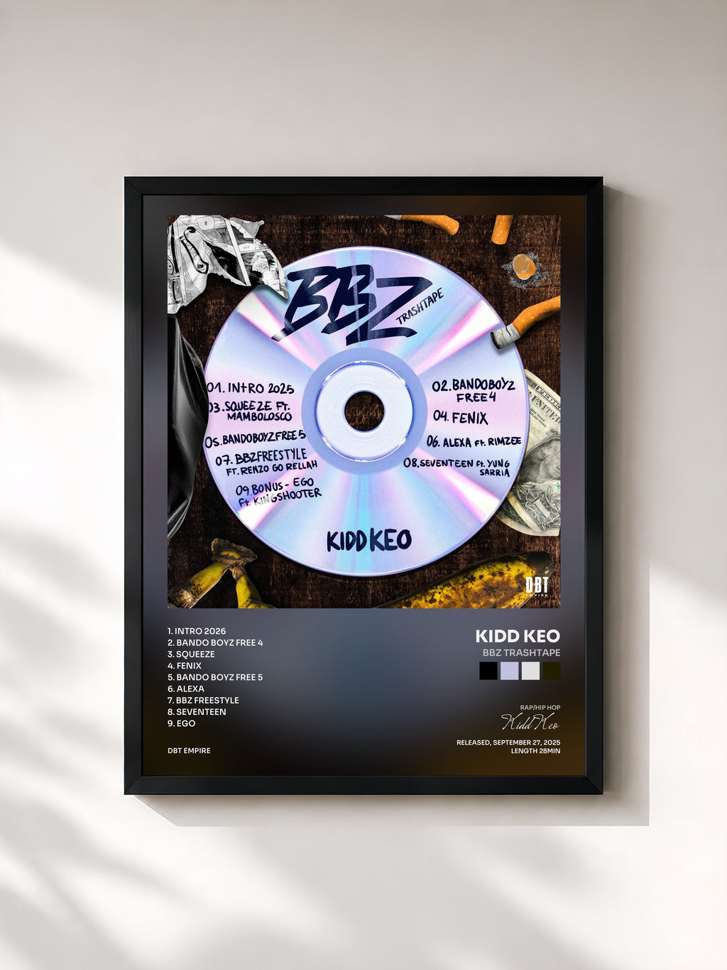 #noir Tableau de l'album BBZ TRASHTAPE de Kidd Keo, cadre noir, imprimé et encadré en France