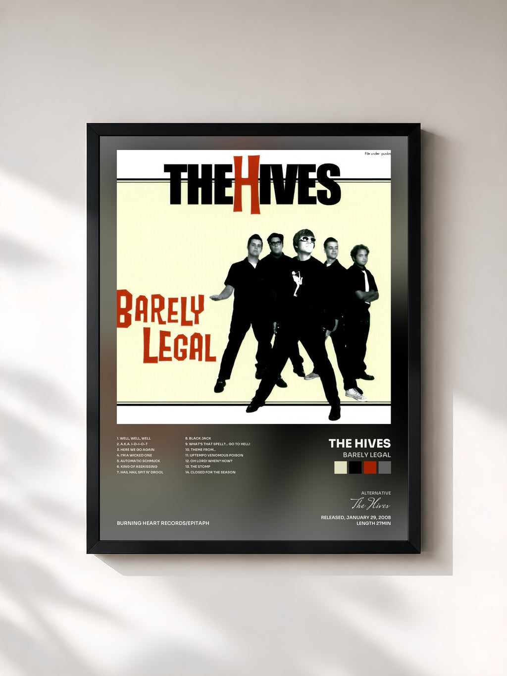 #noir Tableau de l'album Barely Legal de The Hives, cadre noir, imprimé et encadré en France