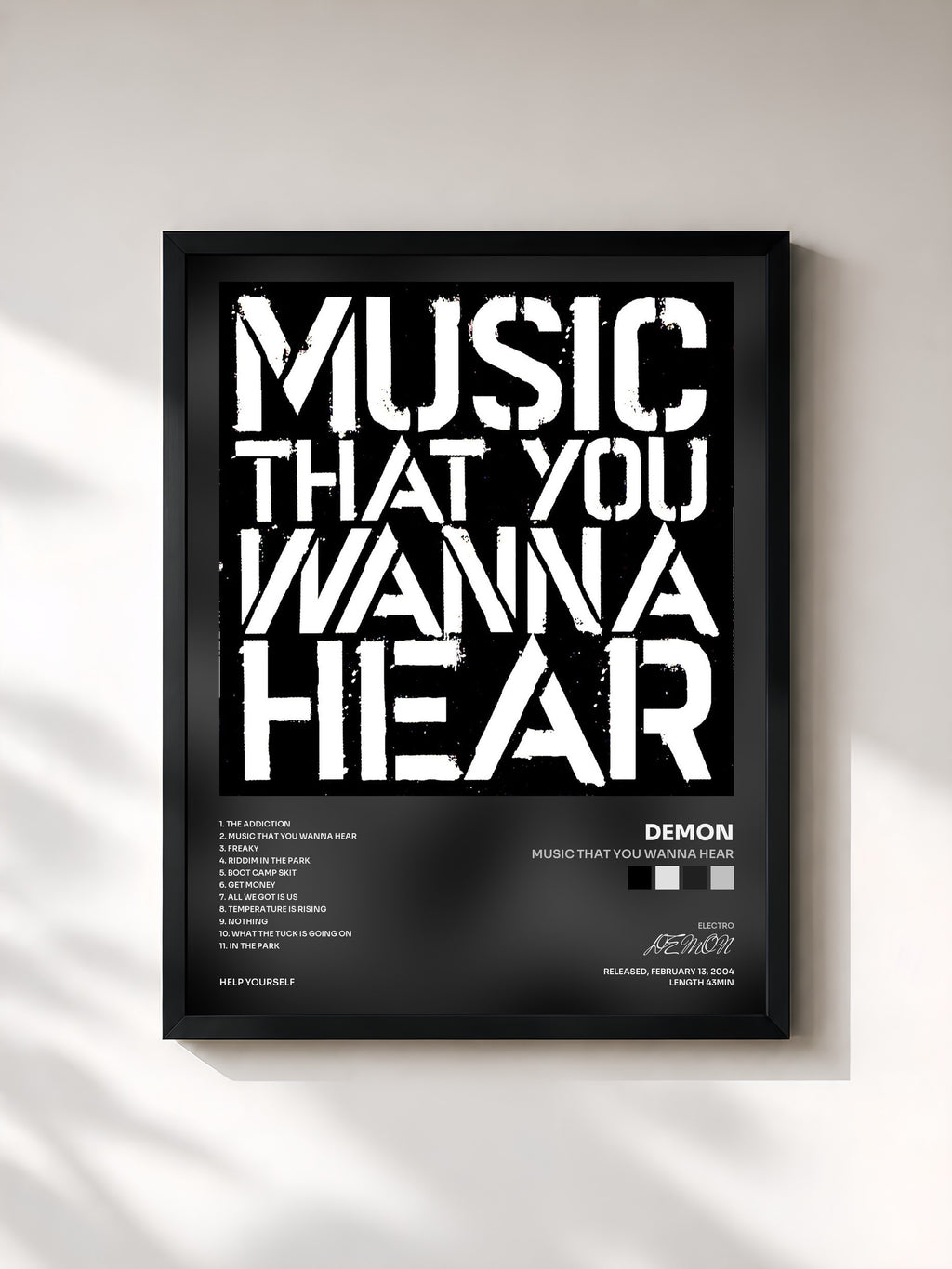 #noir Tableau de l'album Music That You Wanna Hear de DEMON, cadre noir, imprimé et encadré en France