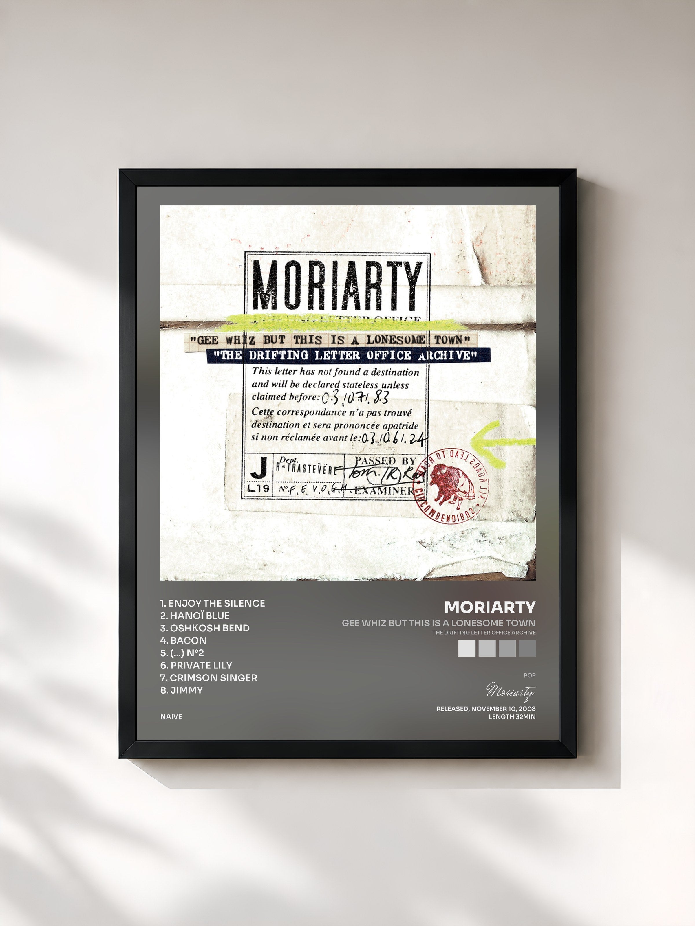 #noir Tableau de l'album Gee Whiz but This Is a Lonesome Town (The Drifting Letter Office Archive) de Moriarty, cadre noir, imprimé et encadré en France