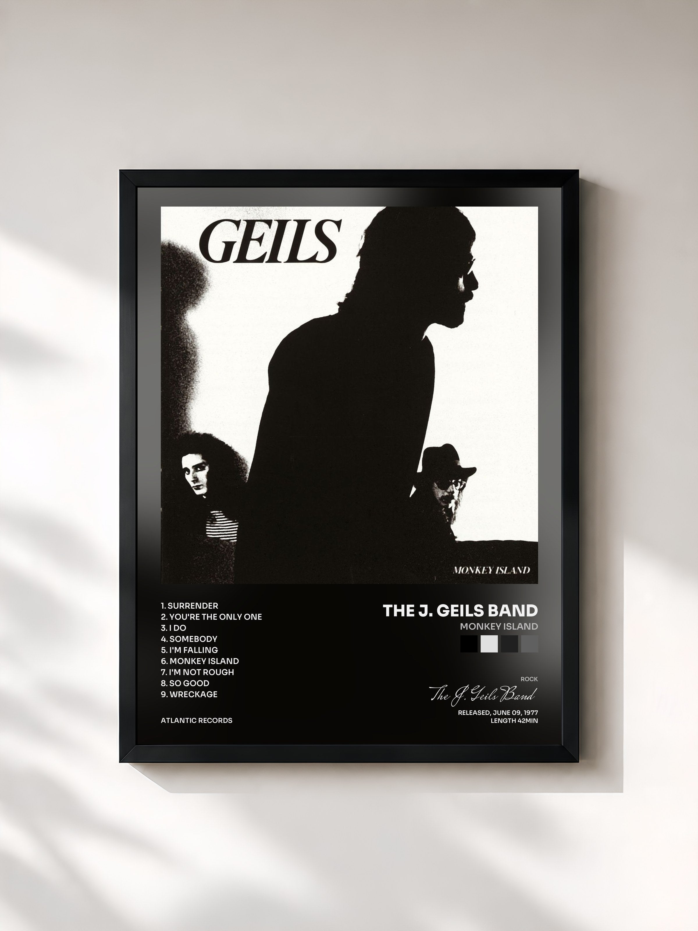 #noir Tableau de l'album Monkey Island de The J. Geils Band, cadre noir, imprimé et encadré en France