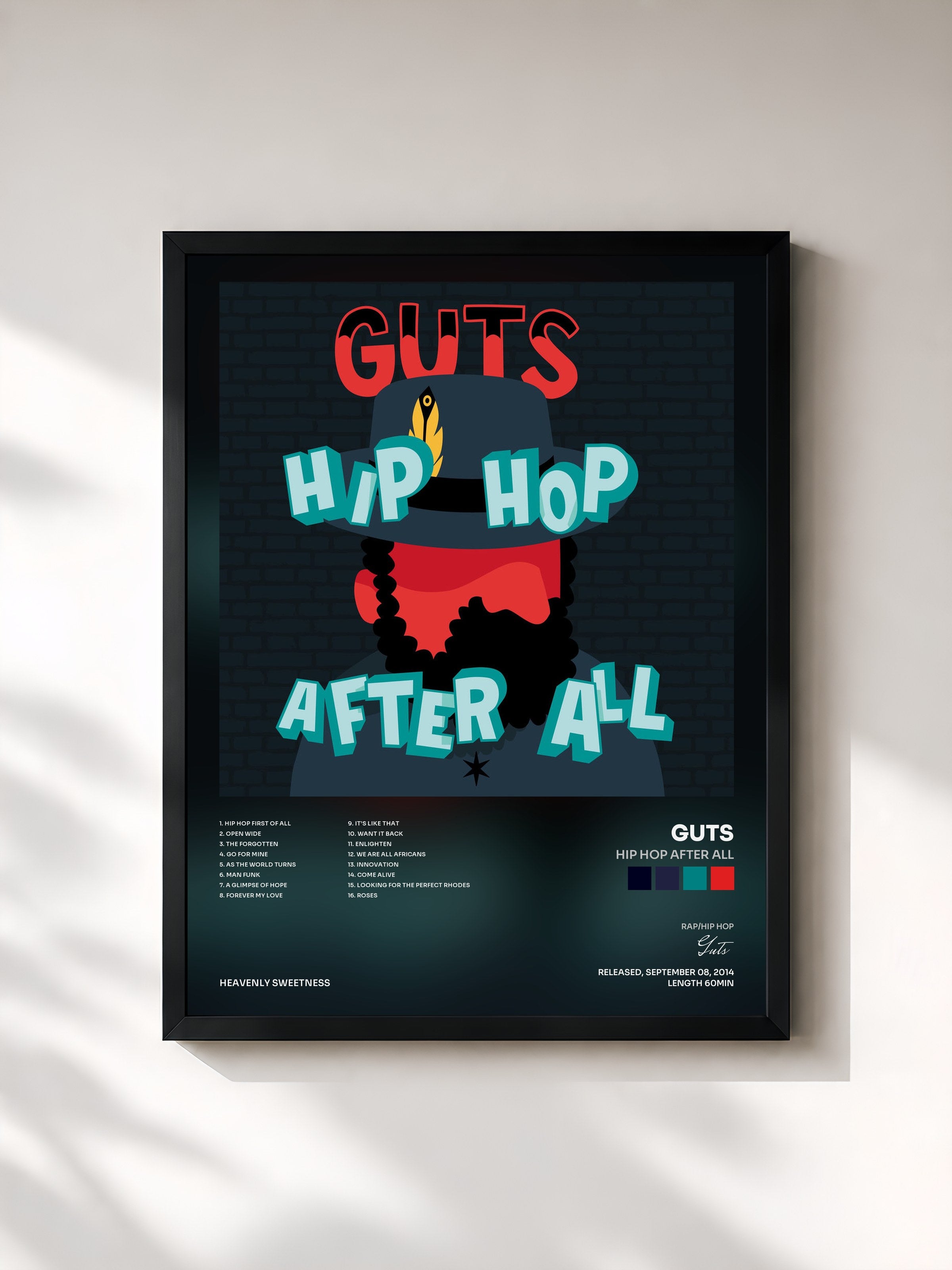 #noir Tableau de l'album Hip Hop After All de Guts, cadre noir, imprimé et encadré en France