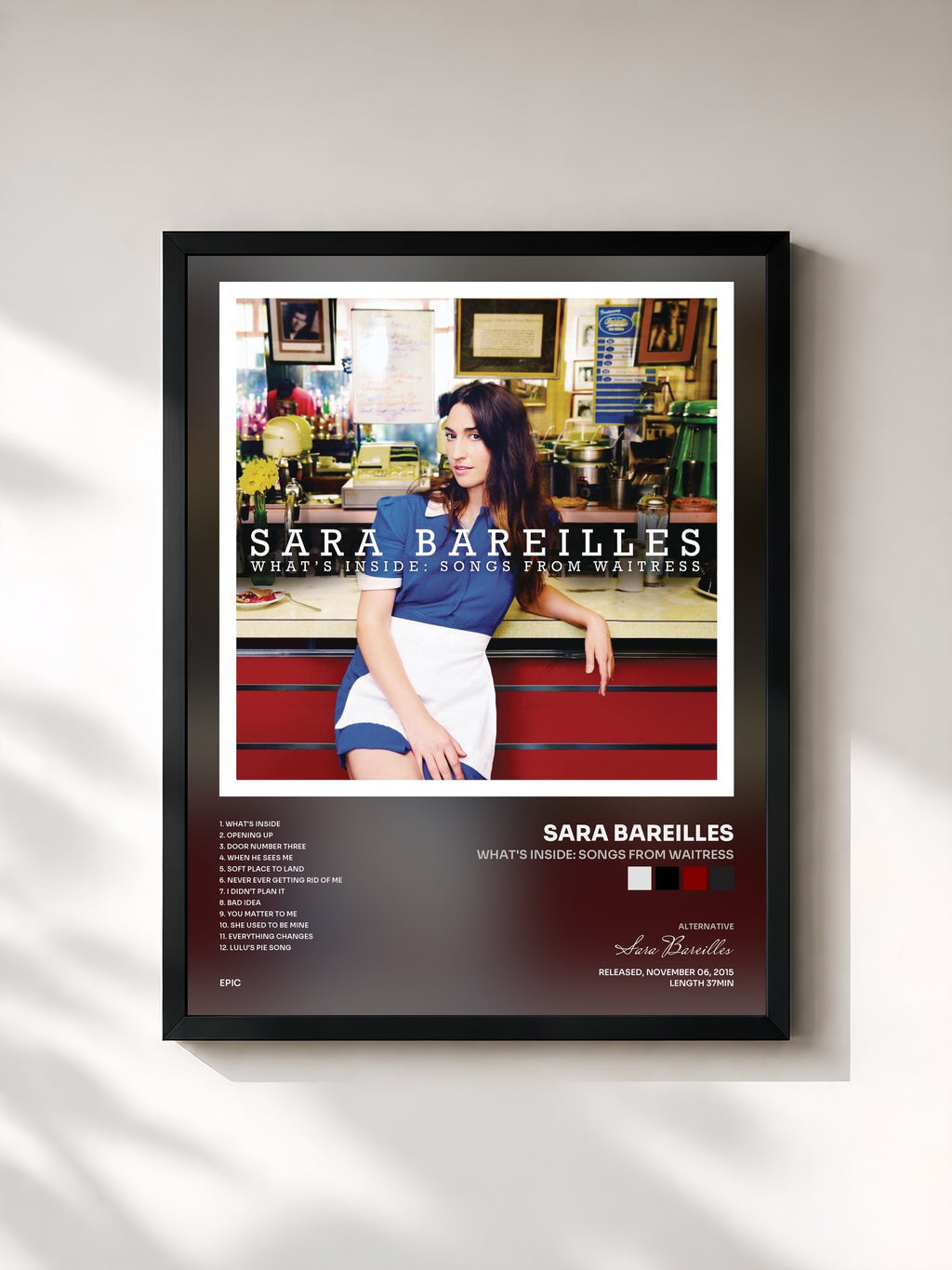 #noir Tableau de l'album What's Inside: Songs from Waitress de Sara Bareilles, cadre noir, imprimé et encadré en France