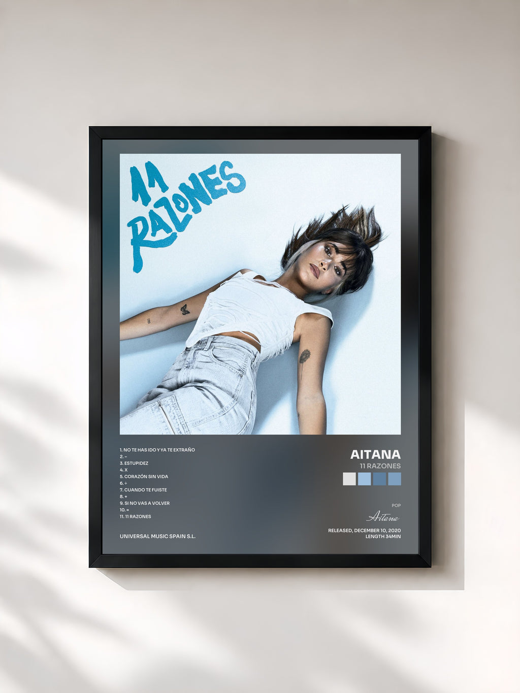 #noir Tableau de l'album 11 RAZONES de Aitana, cadre noir, imprimé et encadré en France