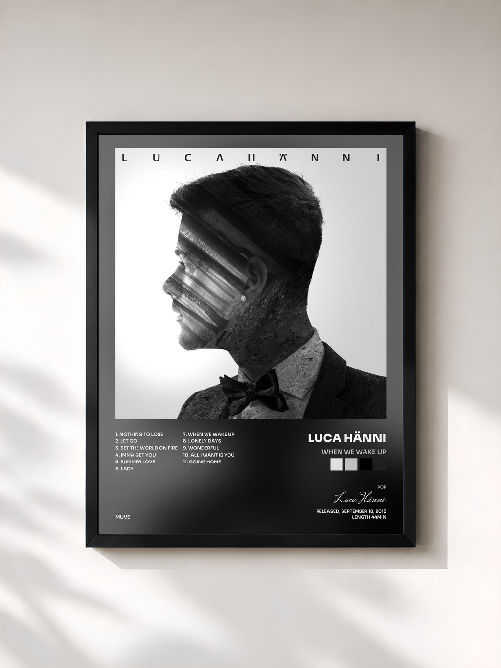 #noir Tableau de l'album When We Wake Up de Luca Hänni, cadre noir, imprimé et encadré en France