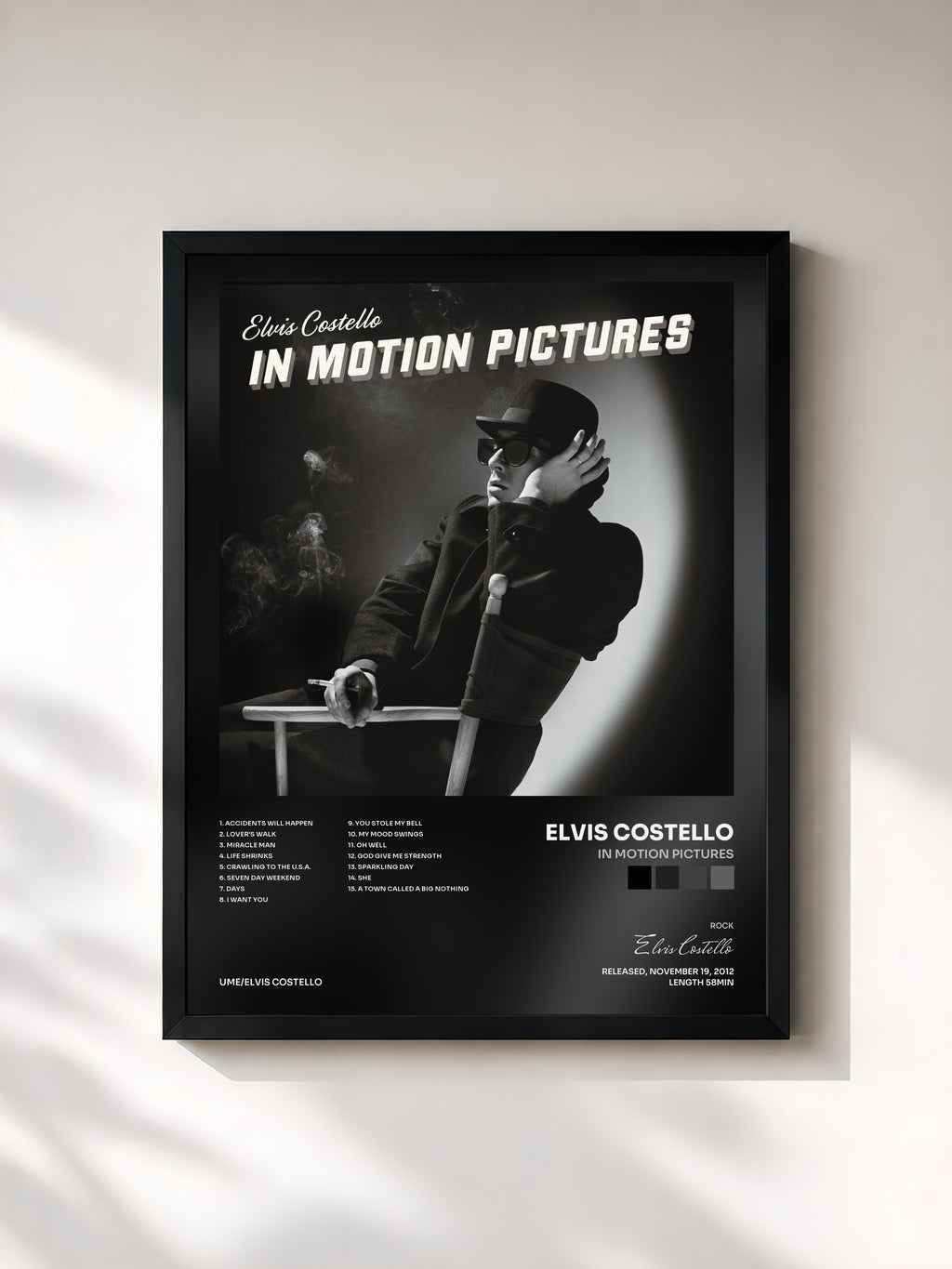 #noir Tableau de l'album In Motion Pictures de Elvis Costello, cadre noir, imprimé et encadré en France