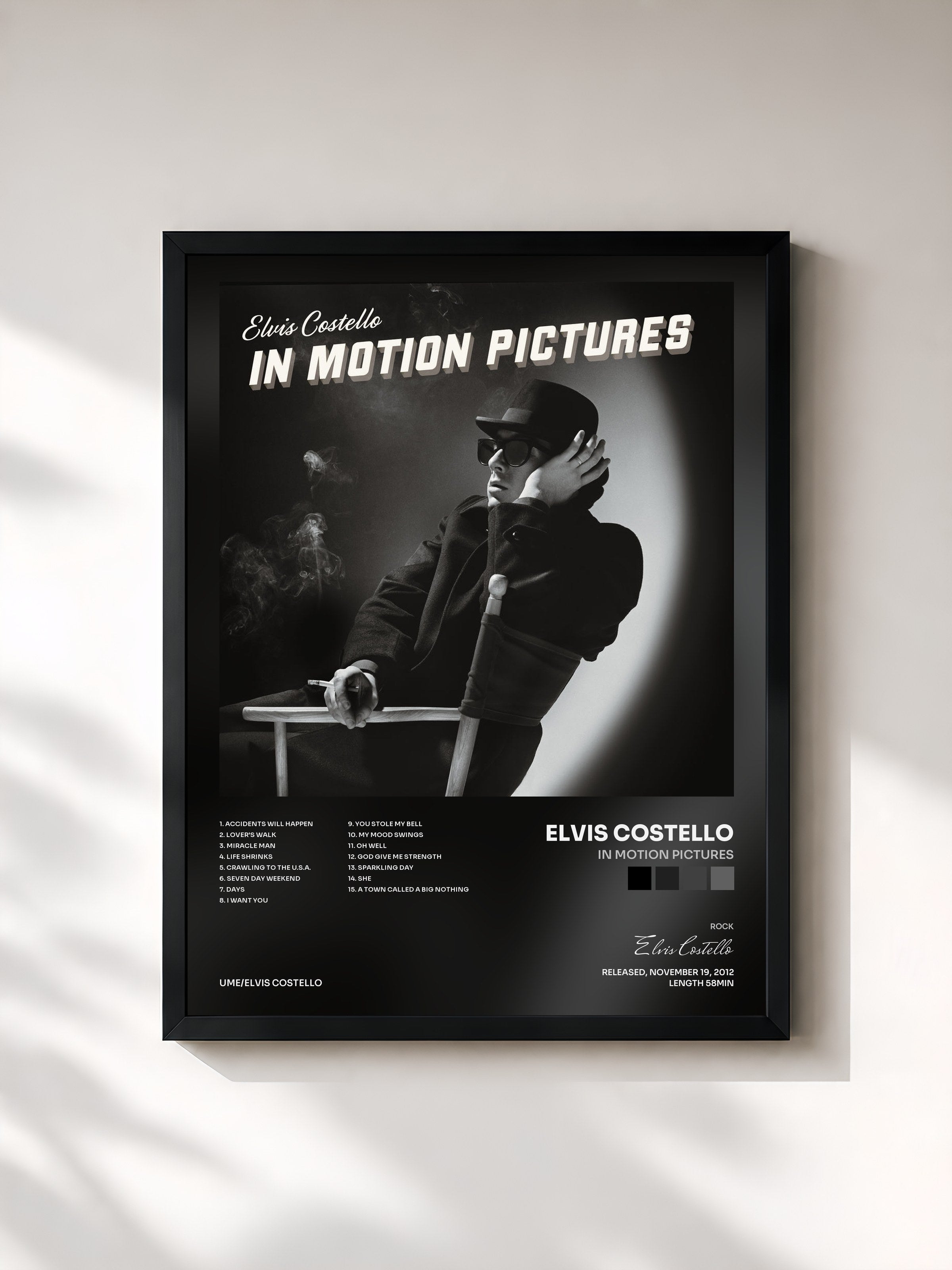 #noir Tableau de l'album In Motion Pictures de Elvis Costello, cadre noir, imprimé et encadré en France