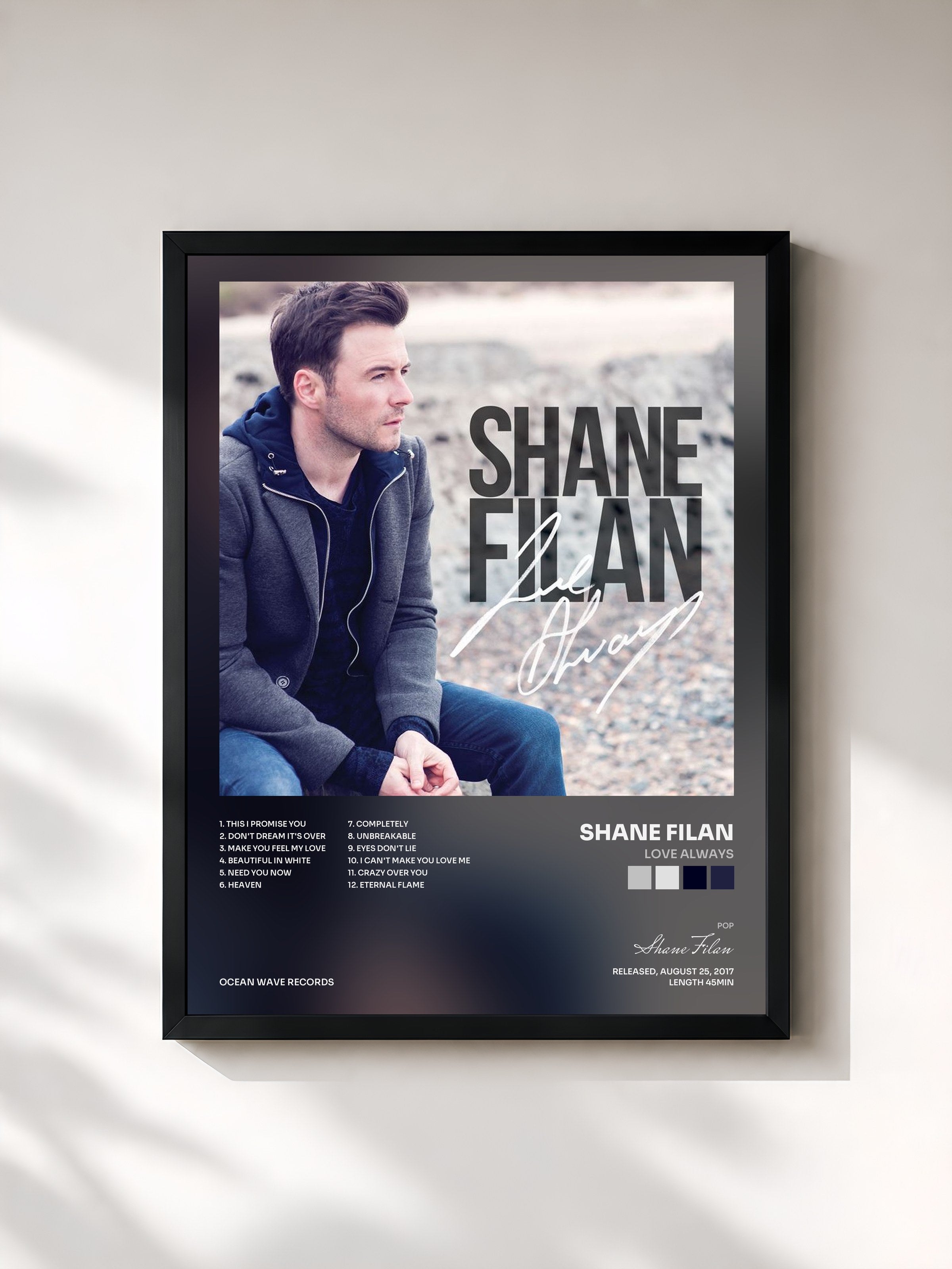 #noir Tableau de l'album Love Always de Shane Filan, cadre noir, imprimé et encadré en France