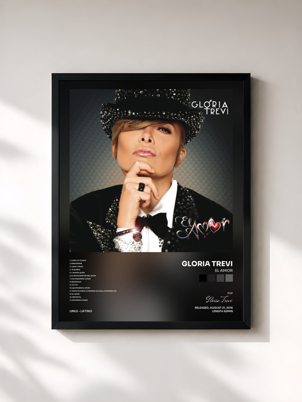 #noir Tableau de l'album El Amor de Gloria Trevi, cadre noir, imprimé et encadré en France