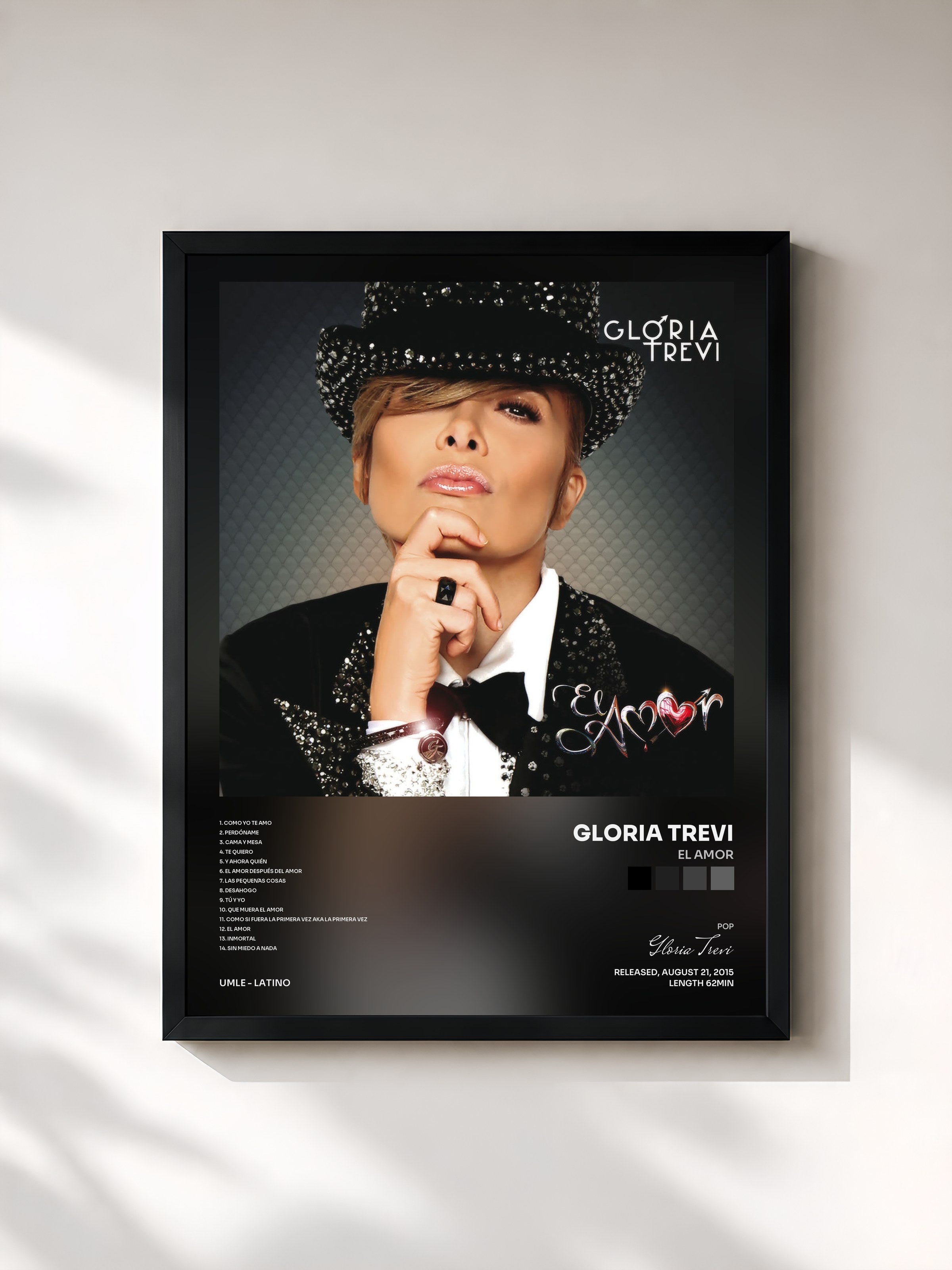 #noir Tableau de l'album El Amor de Gloria Trevi, cadre noir, imprimé et encadré en France