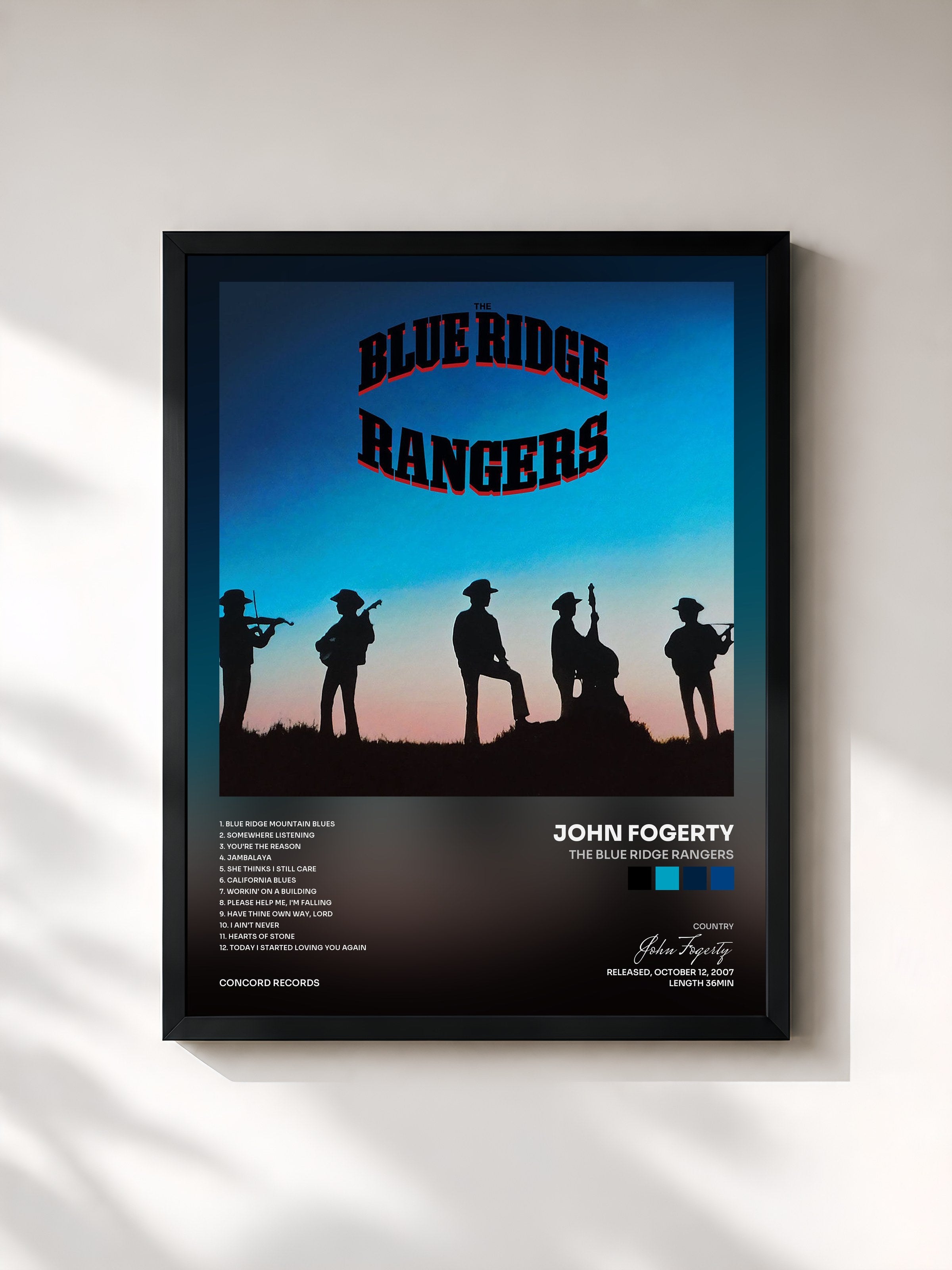 #noir Tableau de l'album The Blue Ridge Rangers de John Fogerty, cadre noir, imprimé et encadré en France