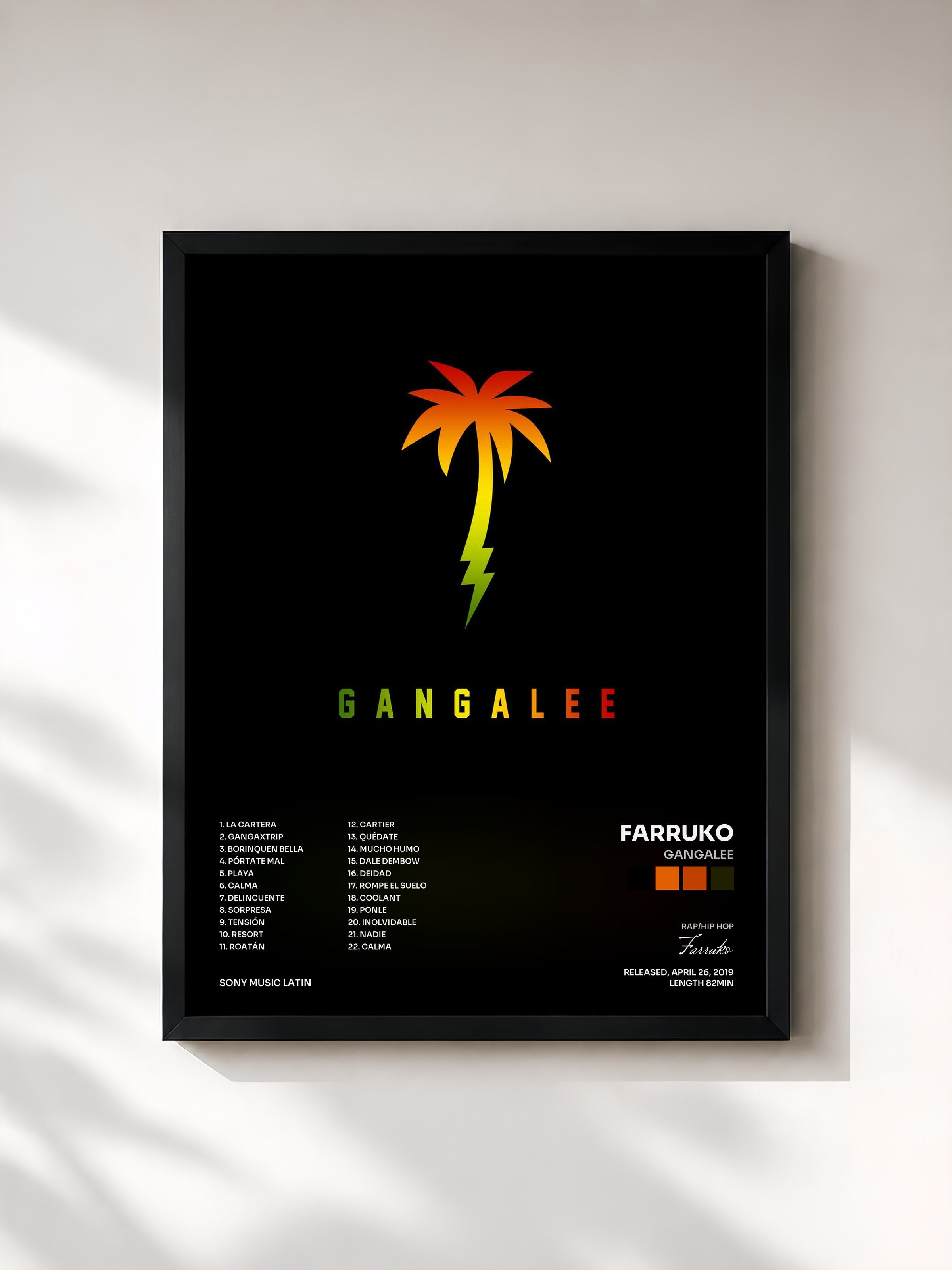 #noir Tableau de l'album Gangalee de Farruko, cadre noir, imprimé et encadré en France