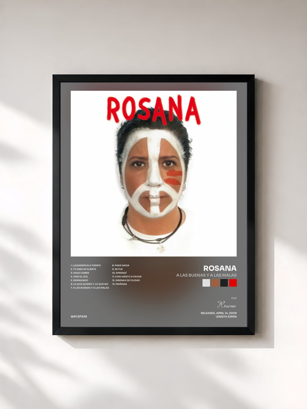 #noir Tableau de l'album A las buenas y a las malas de Rosana, cadre noir, imprimé et encadré en France