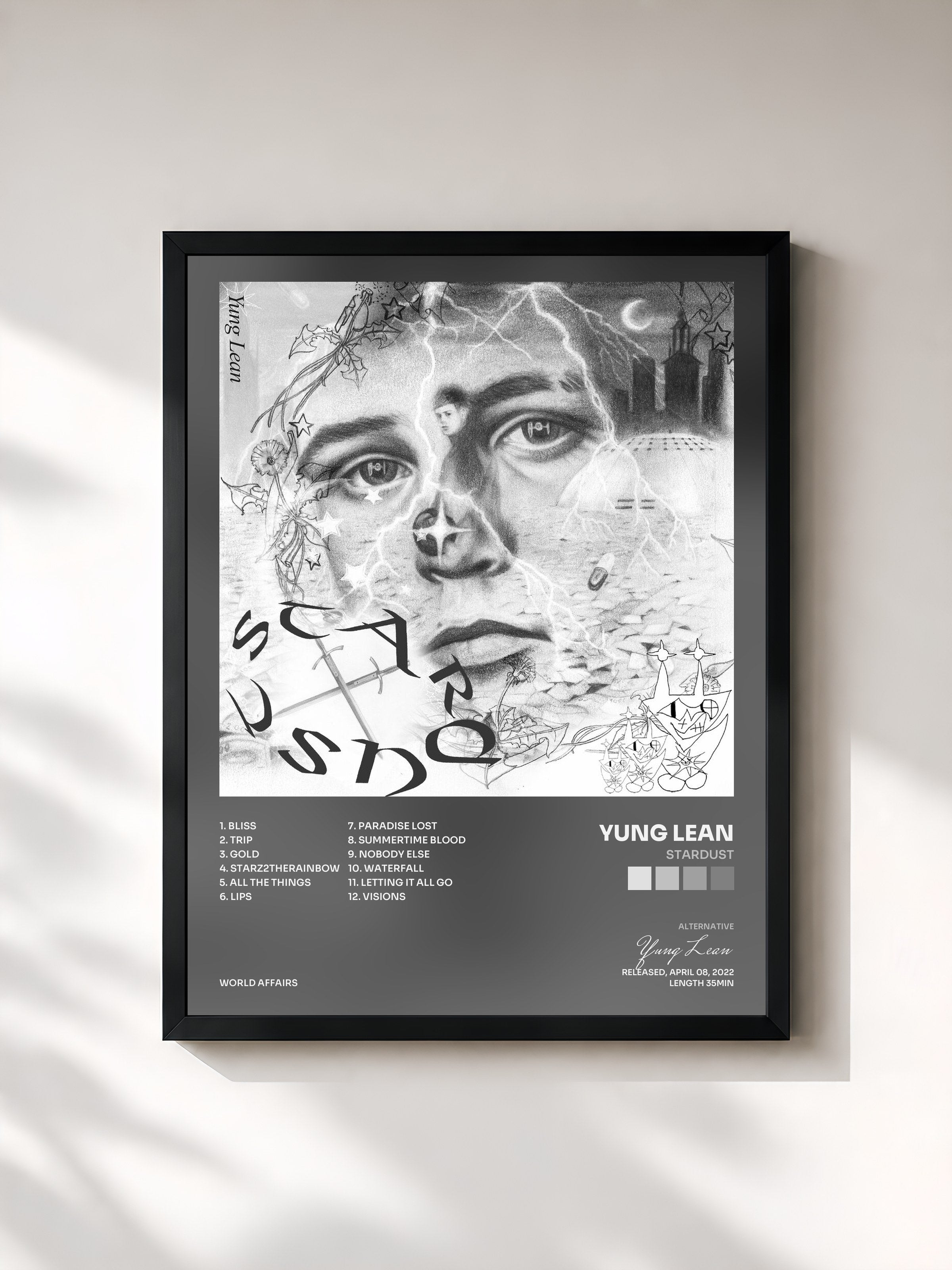 #noir Tableau de l'album Stardust de Yung Lean, cadre noir, imprimé et encadré en France