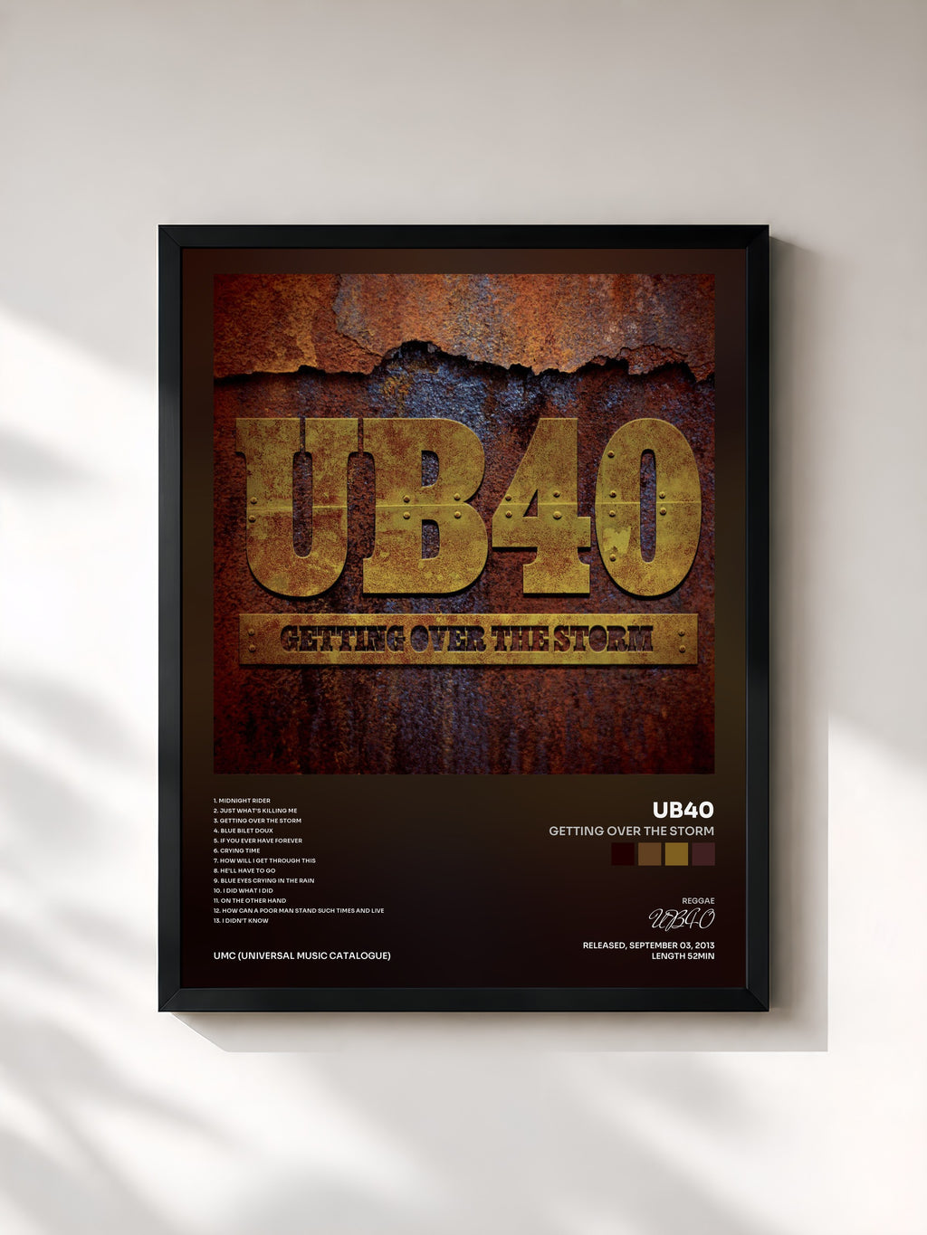 #noir Tableau de l'album Getting Over The Storm de UB40, cadre noir, imprimé et encadré en France