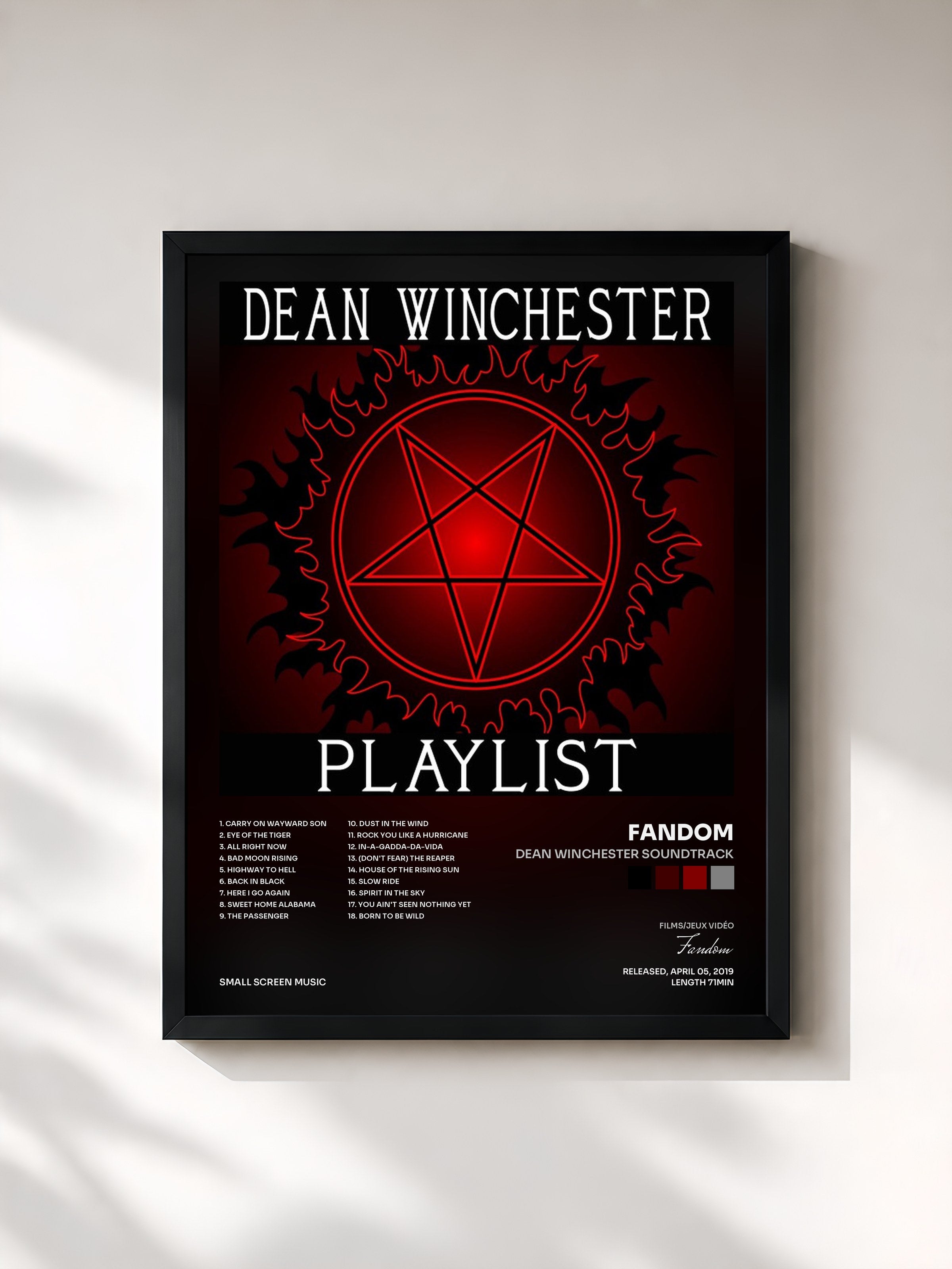 #noir Tableau de l'album Dean Winchester Soundtrack de Fandom, cadre noir, imprimé et encadré en France