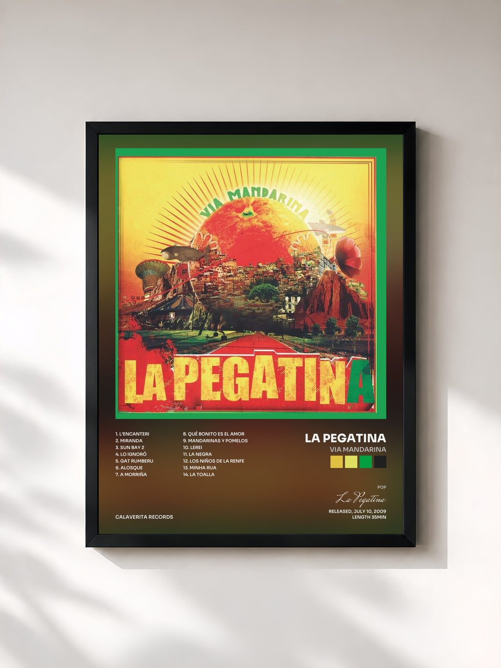 #noir Tableau de l'album Via Mandarina de La Pegatina, cadre noir, imprimé et encadré en France