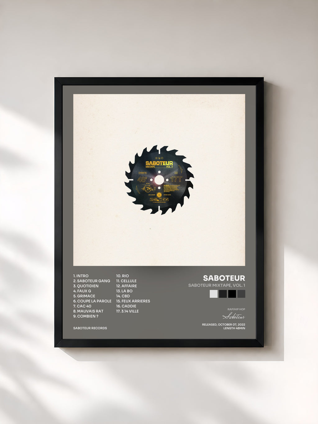 #noir Tableau de l'album Saboteur Mixtape, Vol. 1 de Saboteur, cadre noir, imprimé et encadré en France