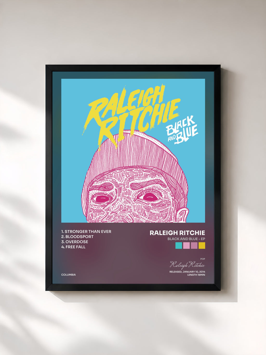 #noir Tableau de l'album Black and Blue - EP de Raleigh Ritchie, cadre noir, imprimé et encadré en France