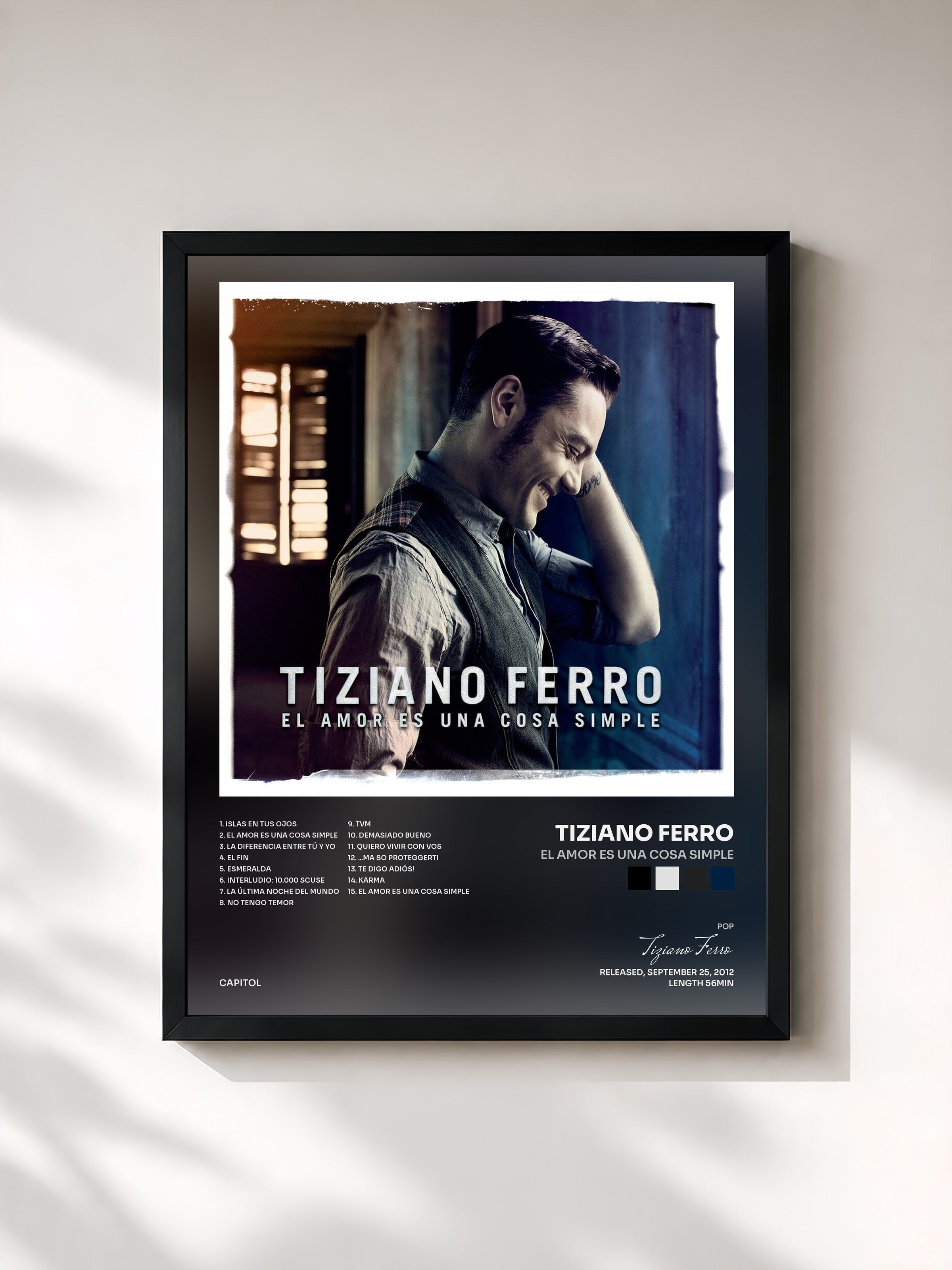 #noir Tableau de l'album El amor es una cosa simple de Tiziano Ferro, cadre noir, imprimé et encadré en France