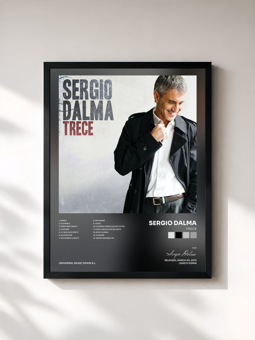 #noir Tableau de l'album Trece de Sergio Dalma, cadre noir, imprimé et encadré en France
