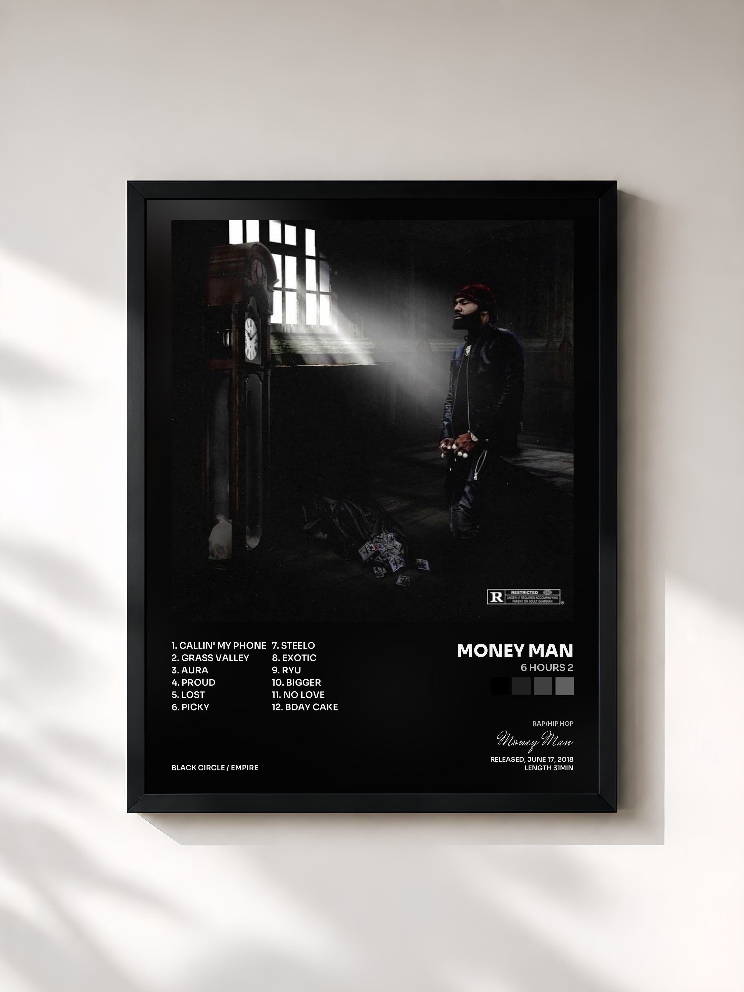#noir Tableau de l'album 6 Hours 2 de Money Man, cadre noir, imprimé et encadré en France