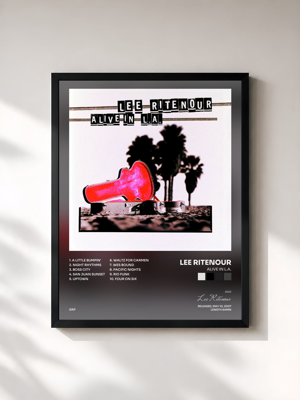 #noir Tableau de l'album Alive In L.A. de Lee Ritenour, cadre noir, imprimé et encadré en France