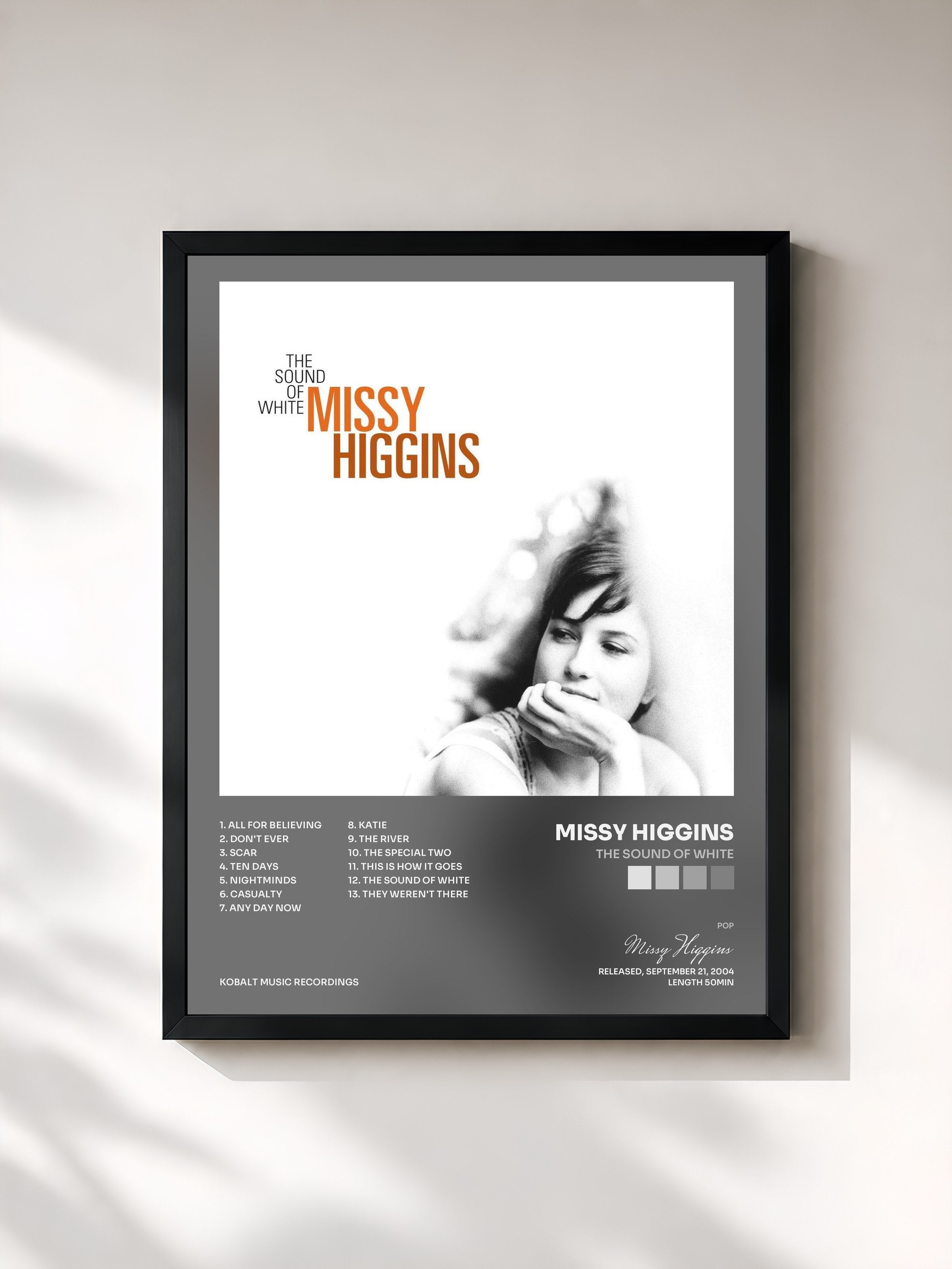 #noir Tableau de l'album The Sound of White de Missy Higgins, cadre noir, imprimé et encadré en France