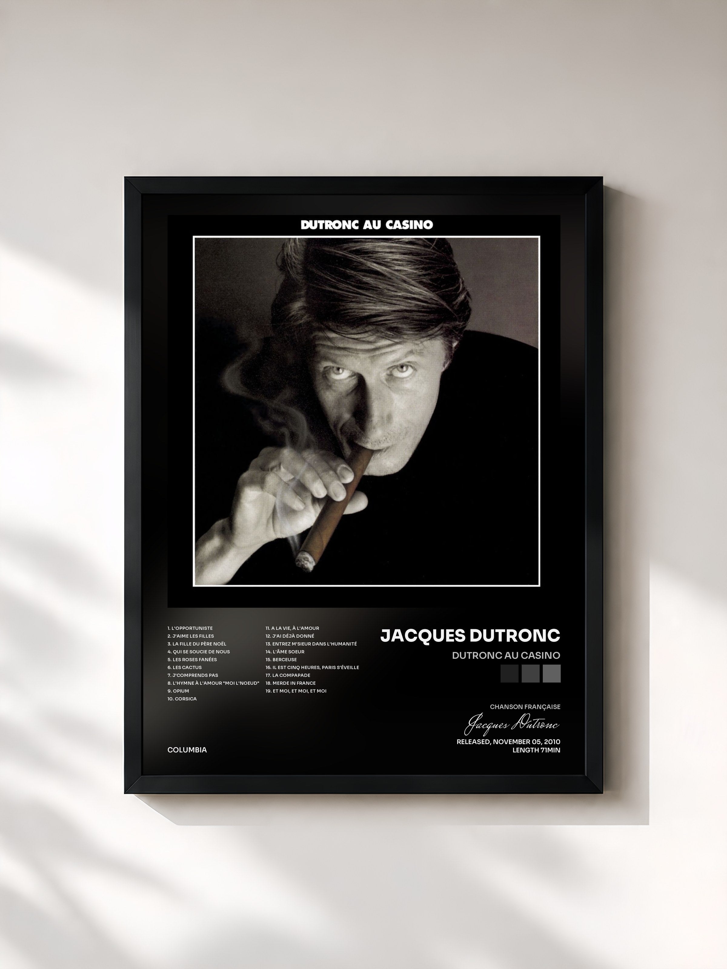 #noir Tableau de l'album Dutronc au Casino de Jacques Dutronc, cadre noir, imprimé et encadré en France