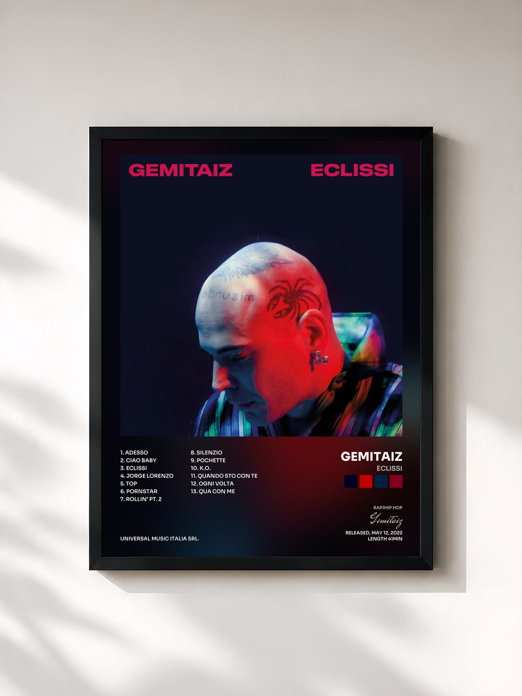 #noir Tableau de l'album Eclissi de Gemitaiz, cadre noir, imprimé et encadré en France