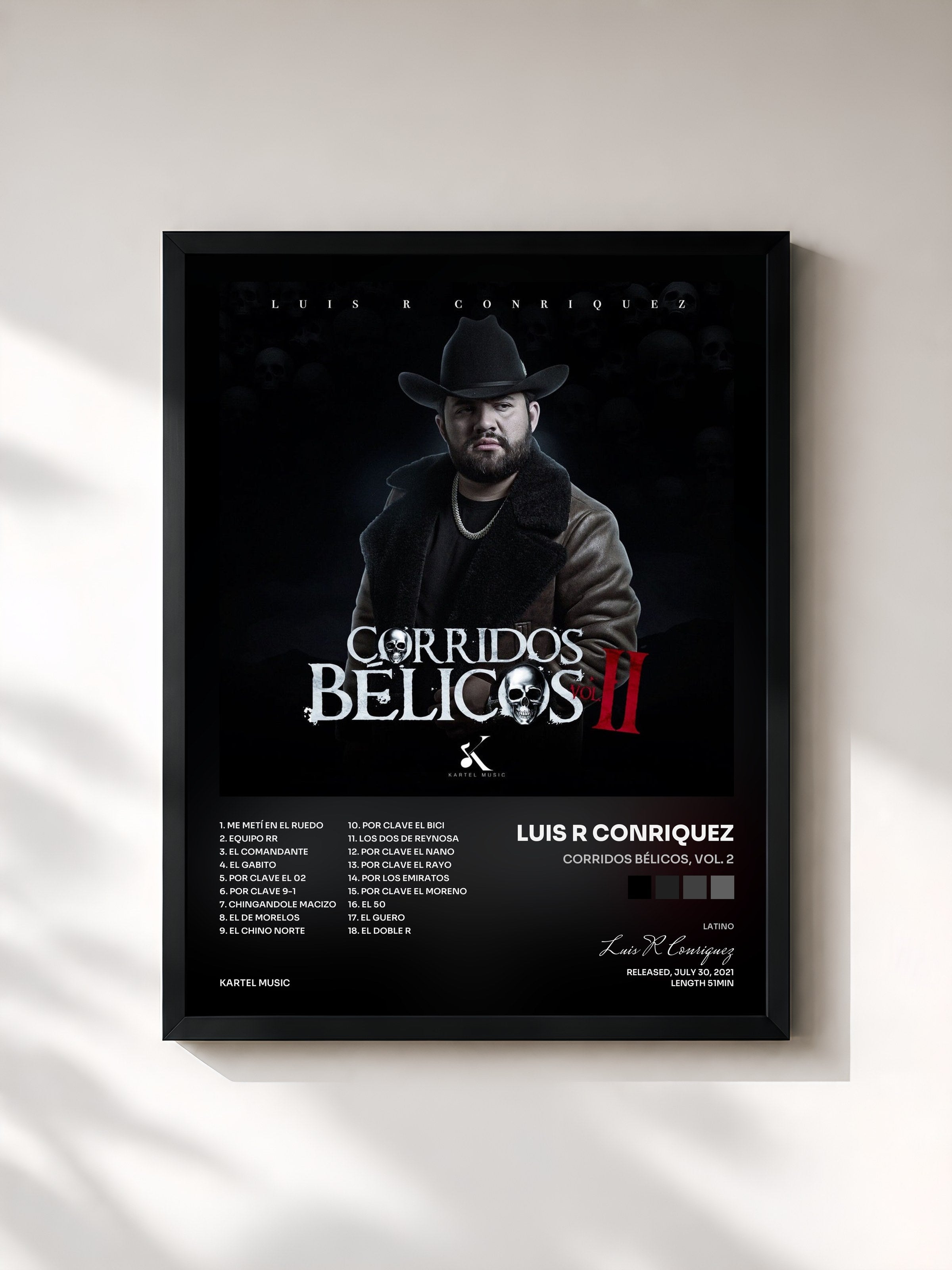 #noir Tableau de l'album Corridos Bélicos, Vol. 2 de Luis R Conriquez, cadre noir, imprimé et encadré en France