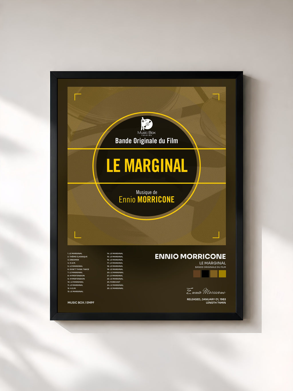 #noir Tableau de l'album Le marginal (Bande originale du film) de Ennio Morricone, cadre noir, imprimé et encadré en France