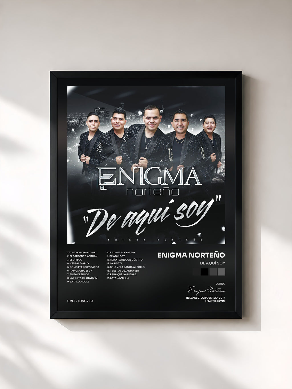 #noir Tableau de l'album De Aquí Soy de Enigma Norteño, cadre noir, imprimé et encadré en France