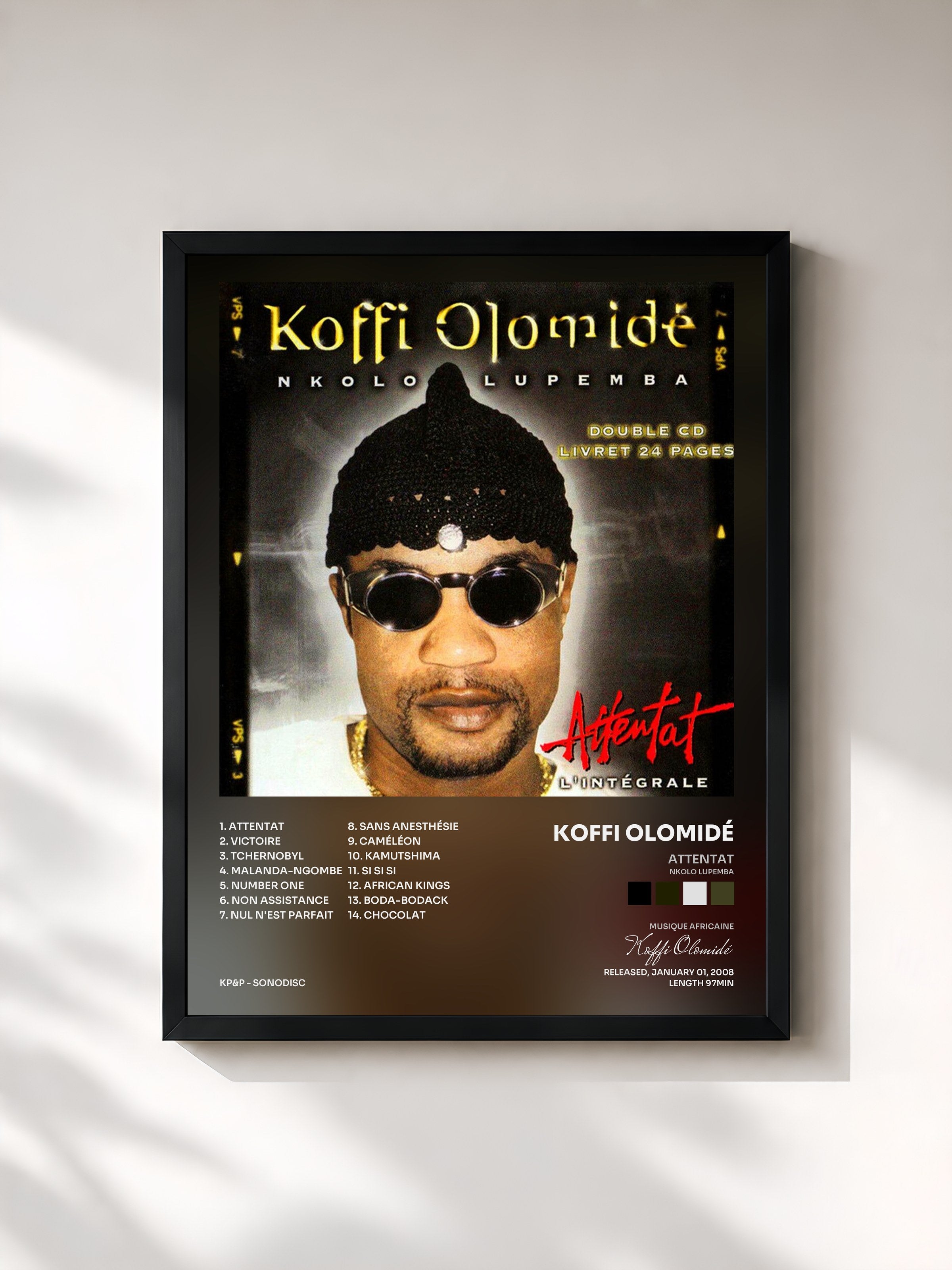 #noir Tableau de l'album Attentat (Nkolo Lupemba) [L'intégrale] de Koffi Olomidé, cadre noir, imprimé et encadré en France