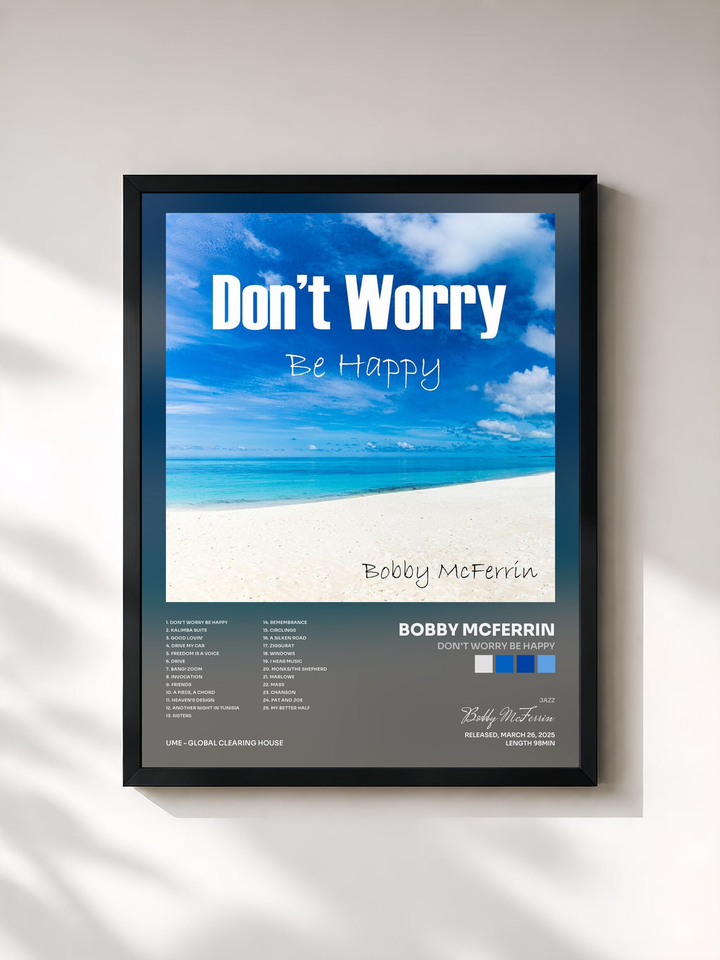#noir Tableau de l'album Don't Worry Be Happy de Bobby McFerrin, cadre noir, imprimé et encadré en France