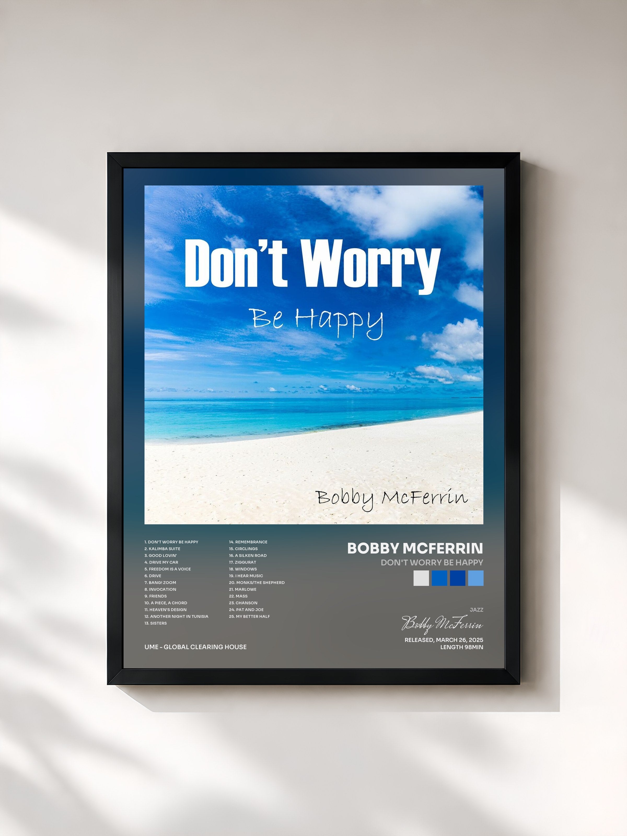 #noir Tableau de l'album Don't Worry Be Happy de Bobby McFerrin, cadre noir, imprimé et encadré en France