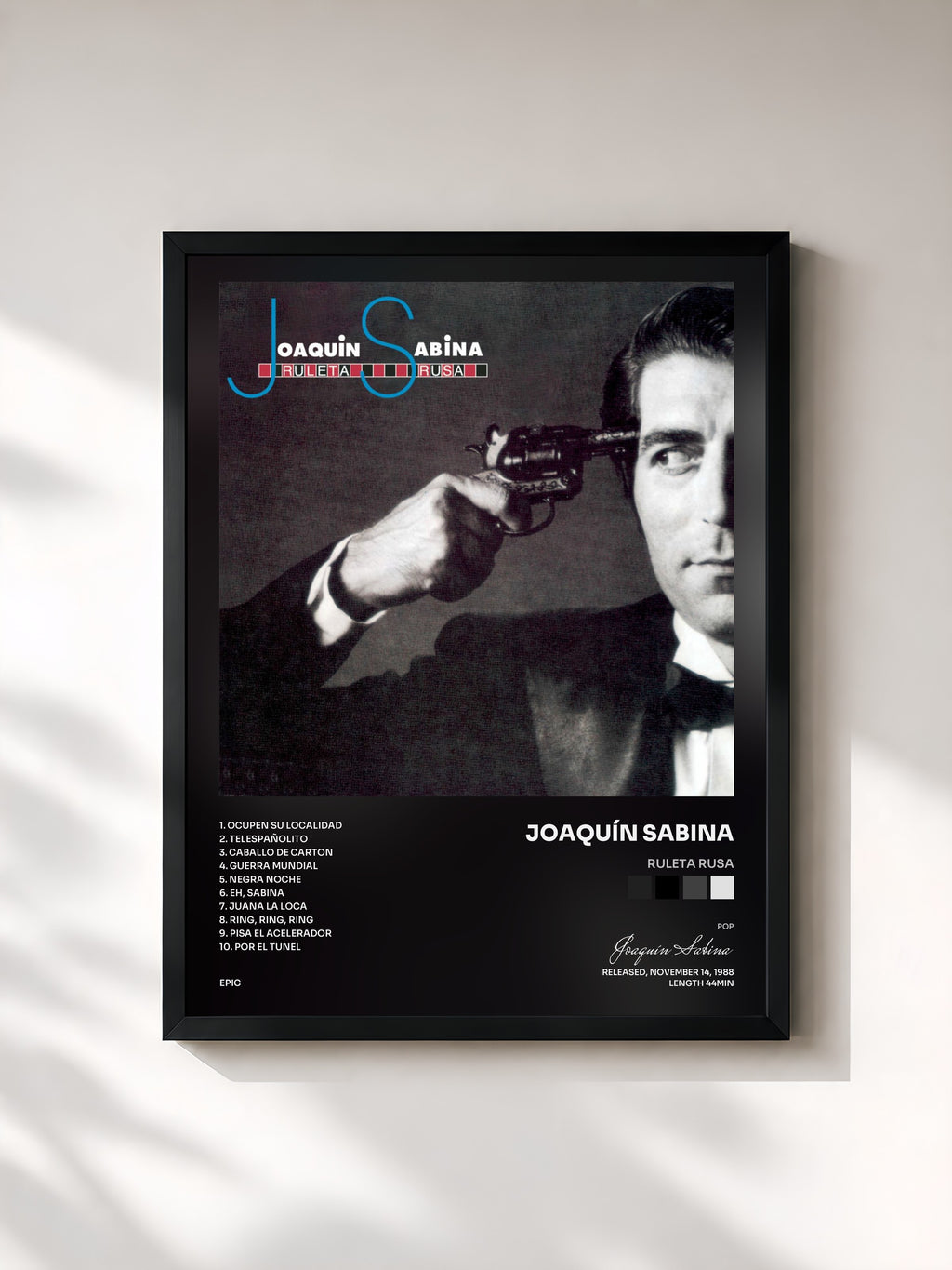 #noir Tableau de l'album Ruleta Rusa de Joaquín Sabina, cadre noir, imprimé et encadré en France