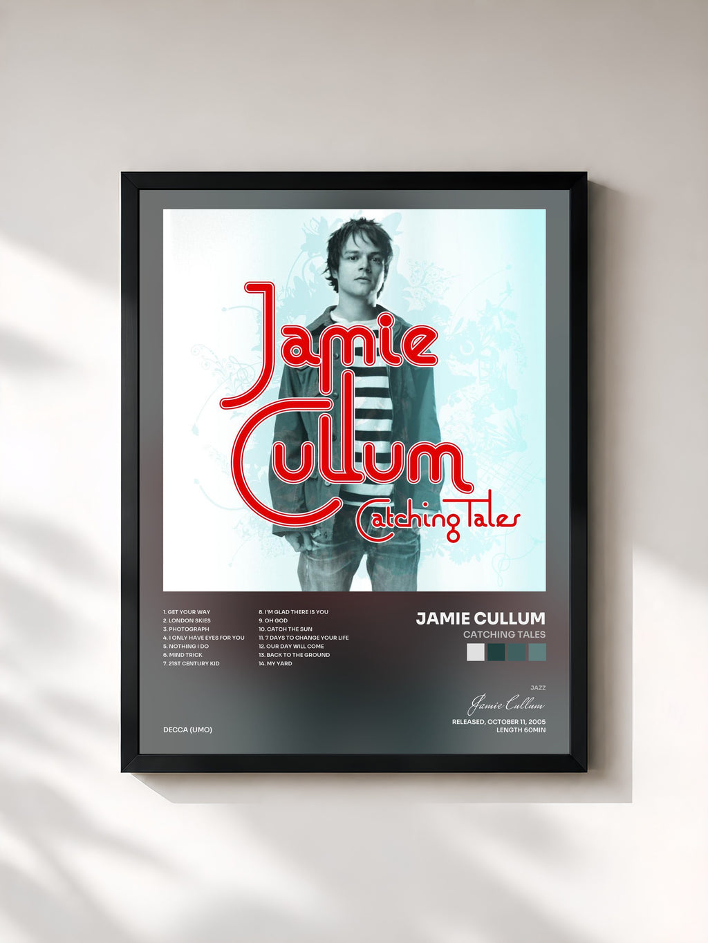 #noir Tableau de l'album Catching Tales de Jamie Cullum, cadre noir, imprimé et encadré en France
