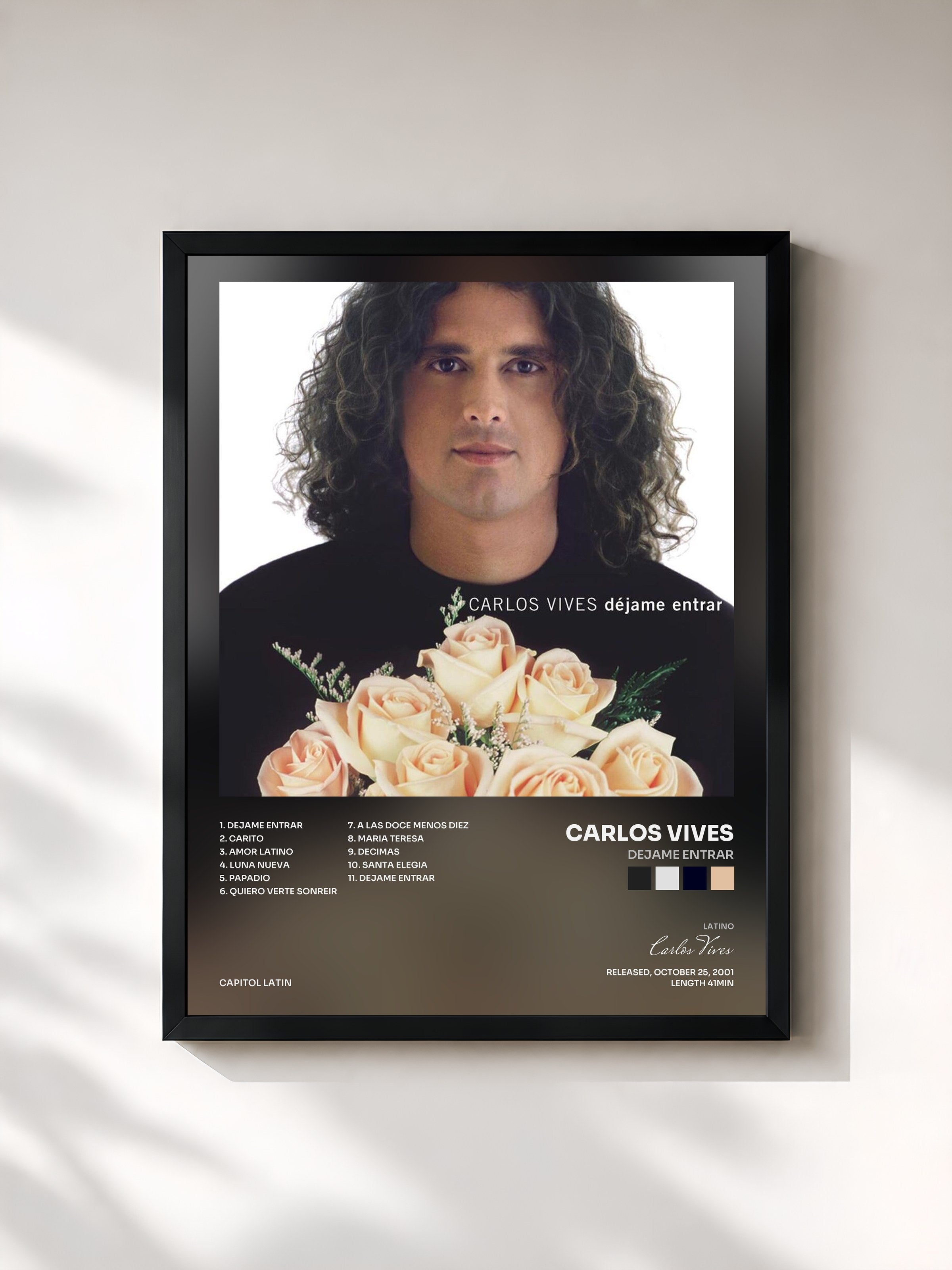 #noir Tableau de l'album Dejame Entrar de Carlos Vives, cadre noir, imprimé et encadré en France