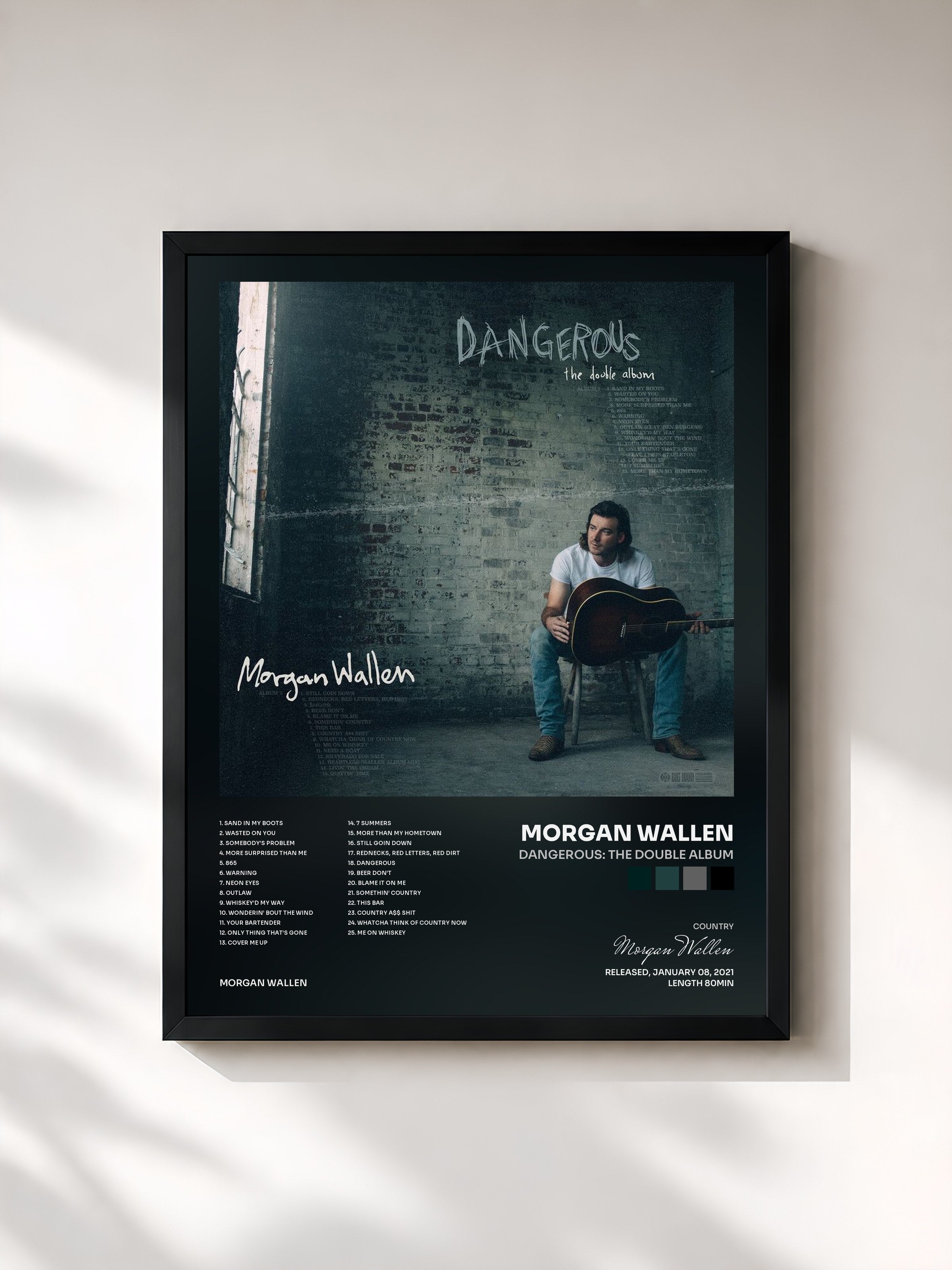 #noir Tableau de l'album Dangerous: The Double Album de Morgan Wallen, cadre noir, imprimé et encadré en France