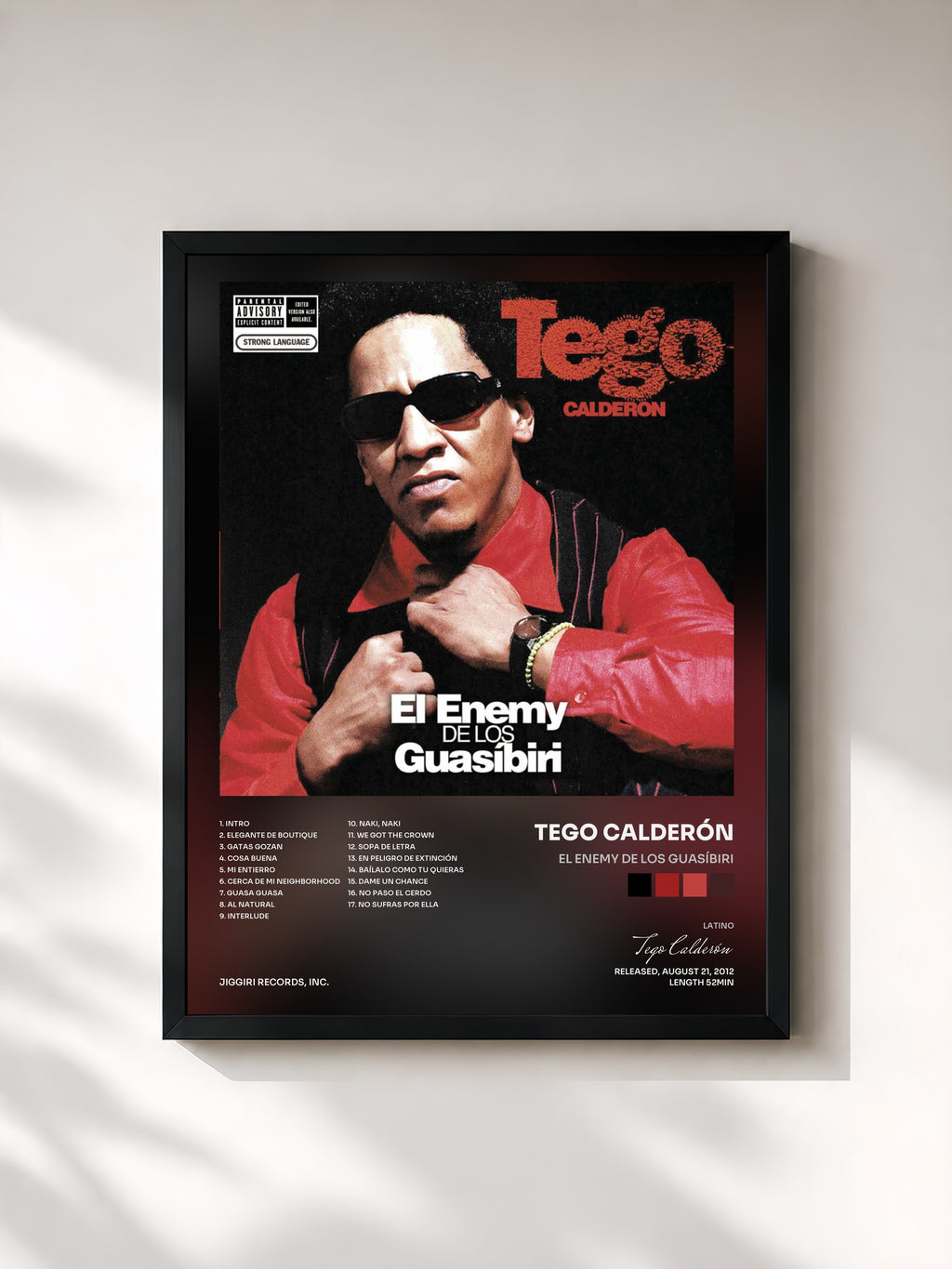 #noir Tableau de l'album El Enemy de Los Guasíbiri de Tego Calderón, cadre noir, imprimé et encadré en France