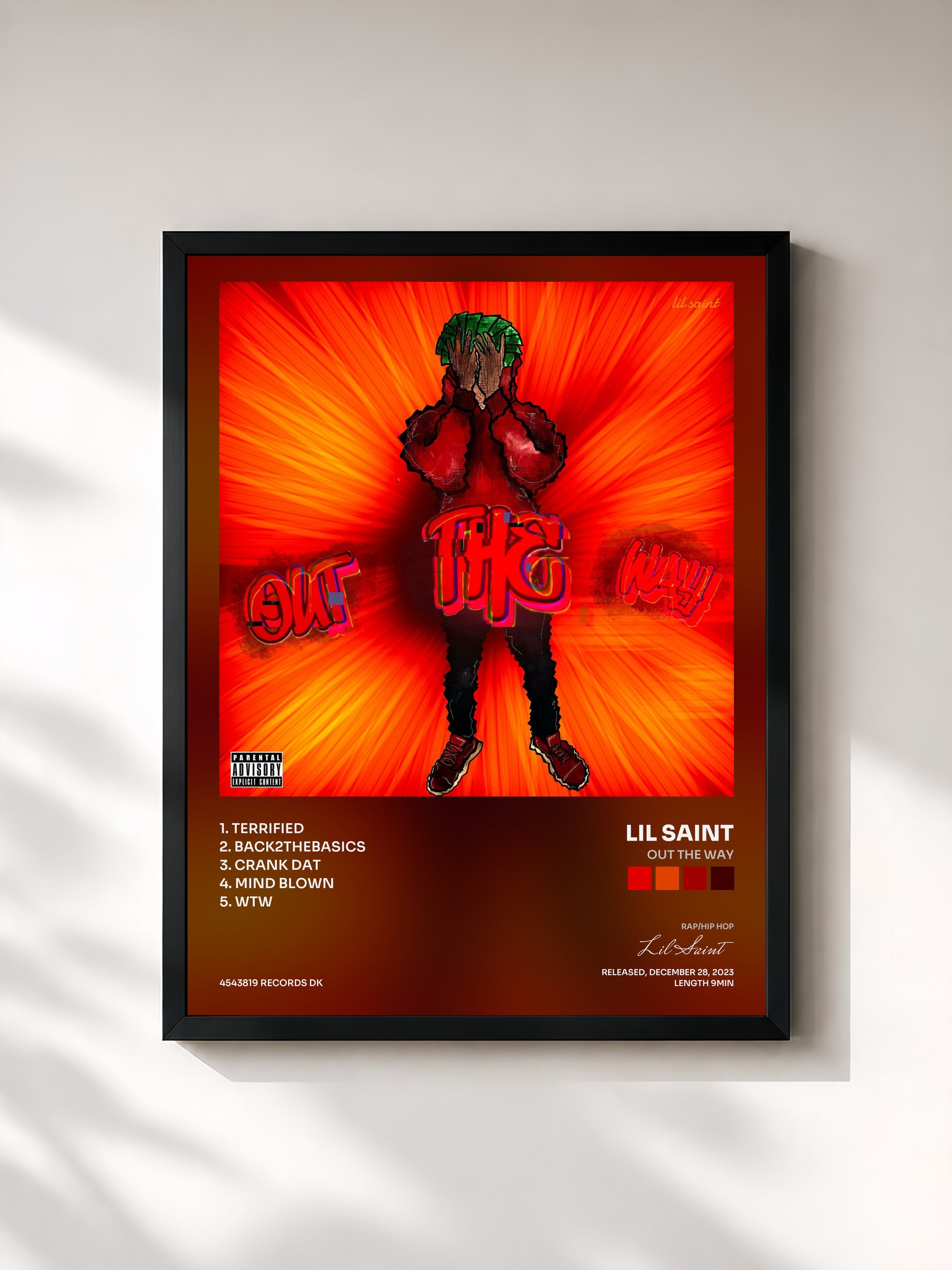 #noir Tableau de l'album Out The Way de Lil Saint, cadre noir, imprimé et encadré en France