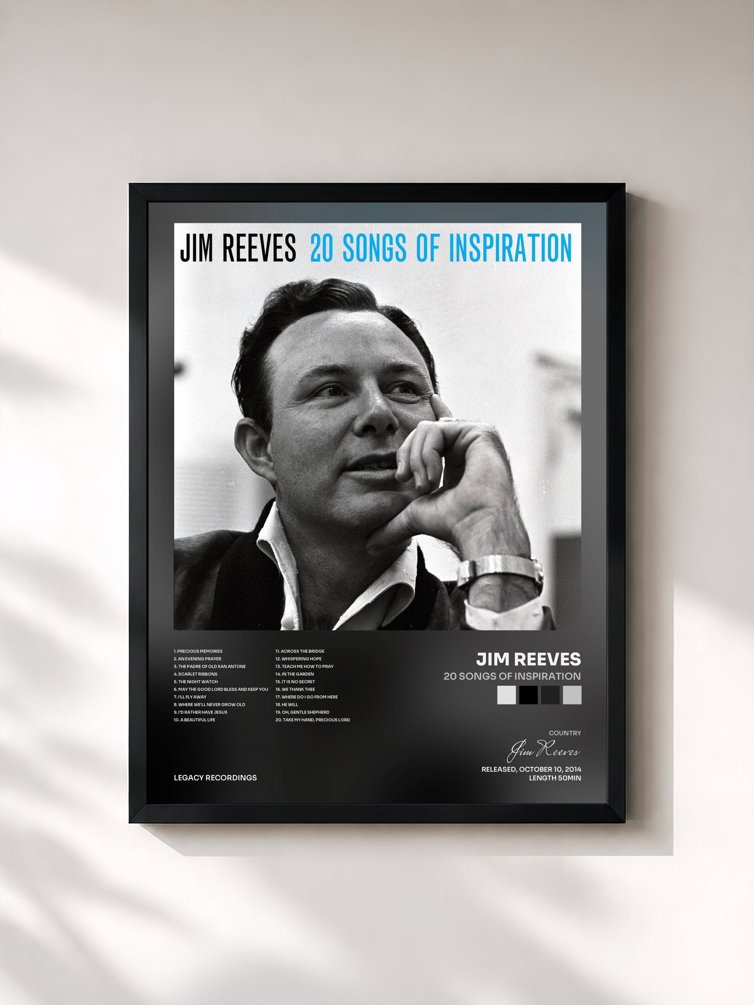 #noir Tableau de l'album 20 Songs of Inspiration de Jim Reeves, cadre noir, imprimé et encadré en France