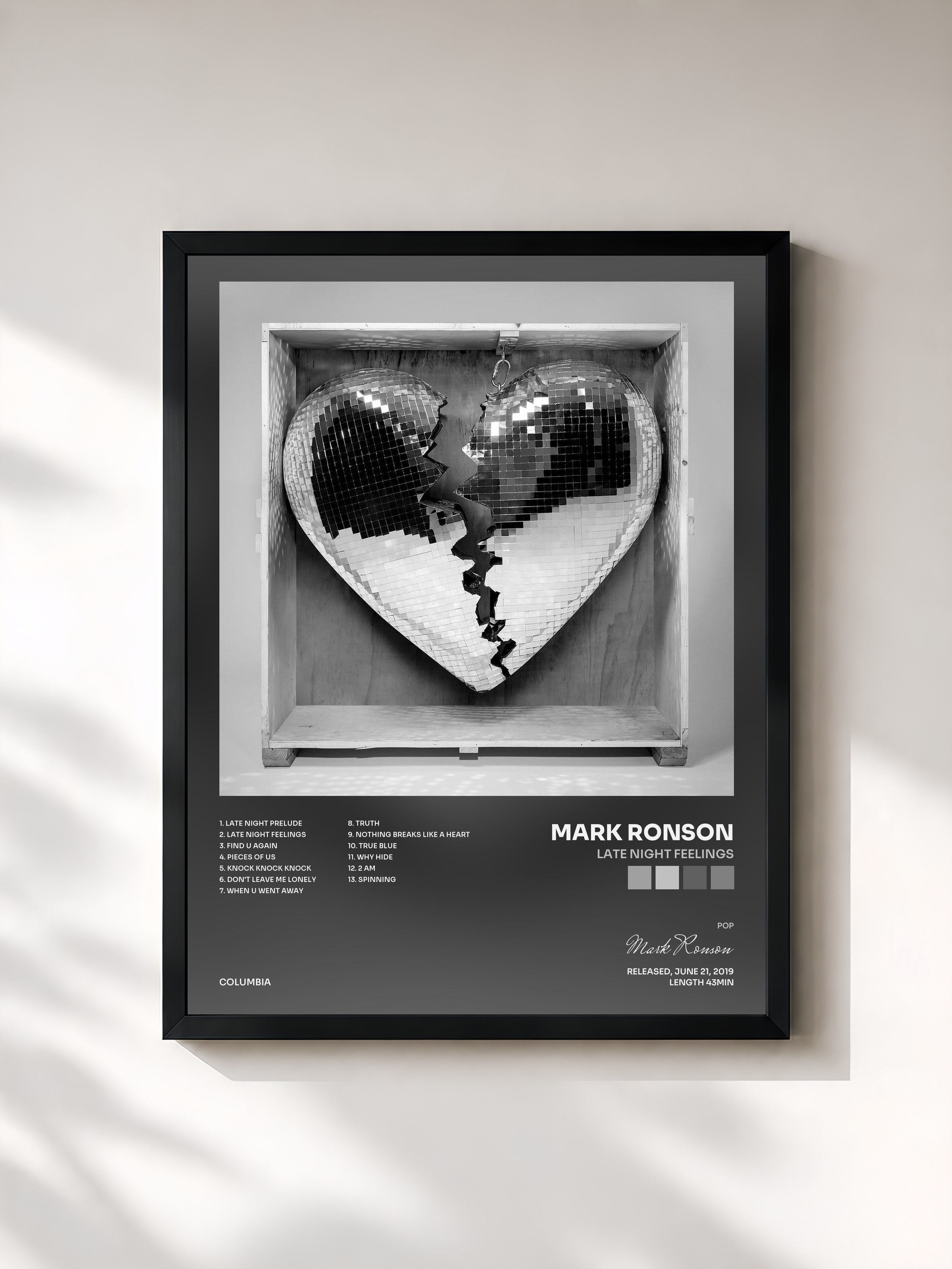 #noir Tableau de l'album Late Night Feelings de Mark Ronson, cadre noir, imprimé et encadré en France